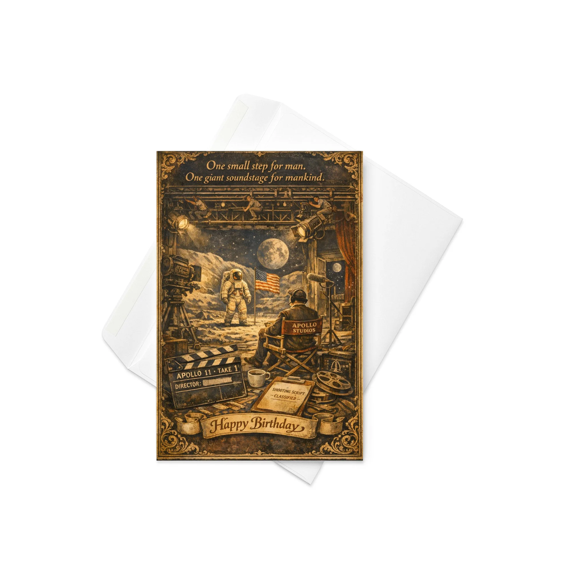 Greeting card — Vintage engraving of Apollo Studios soundstage with director and crew — Apollo hoax satire — Etherfolk
