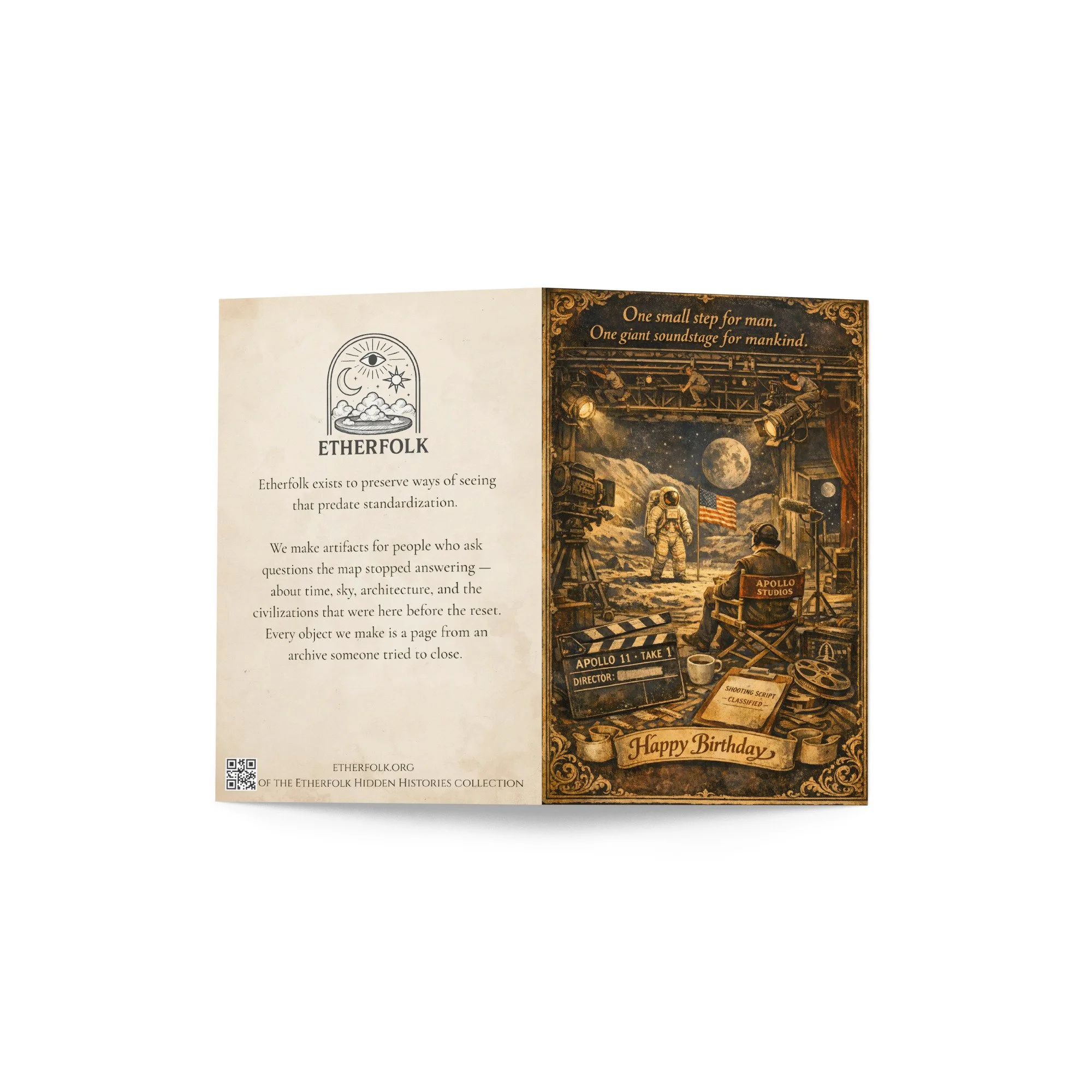 Greeting card — back cover featuring vintage Apollo Studios illustration with moon visible through cracked door — Apollo hoax