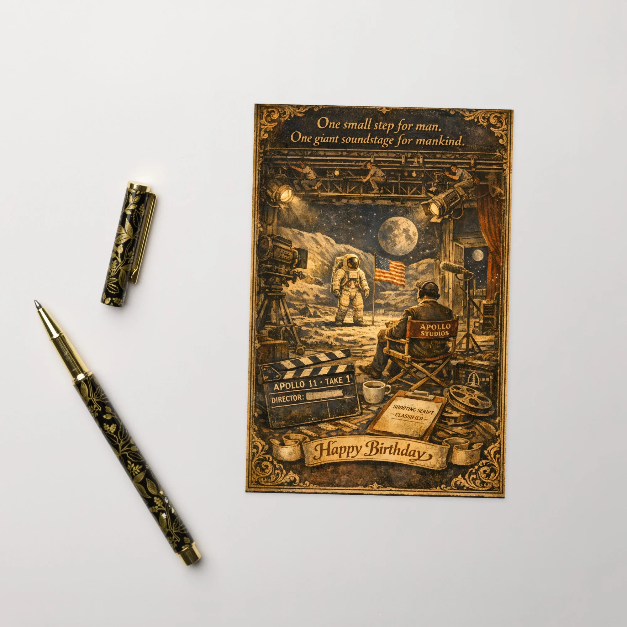 Greeting card — Vintage engraving of Apollo Studios soundstage with director, crew, and moon visible through cracked door — A