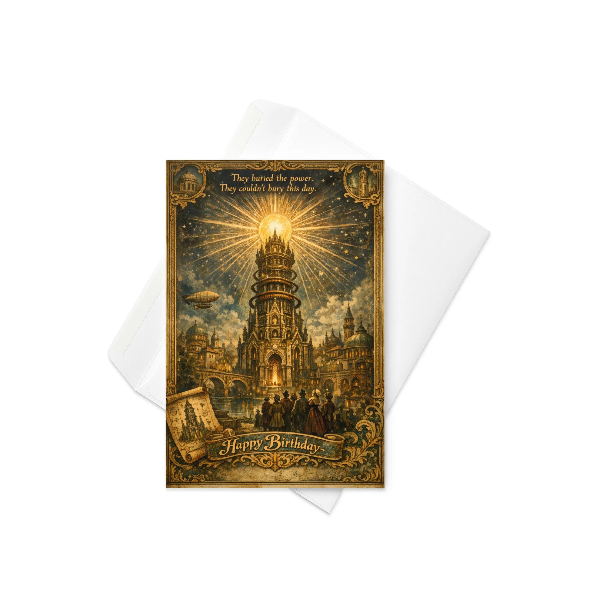 Greeting card — vintage engraving detail of Tartarian tower radiating free energy light — alternative history — Etherfolk