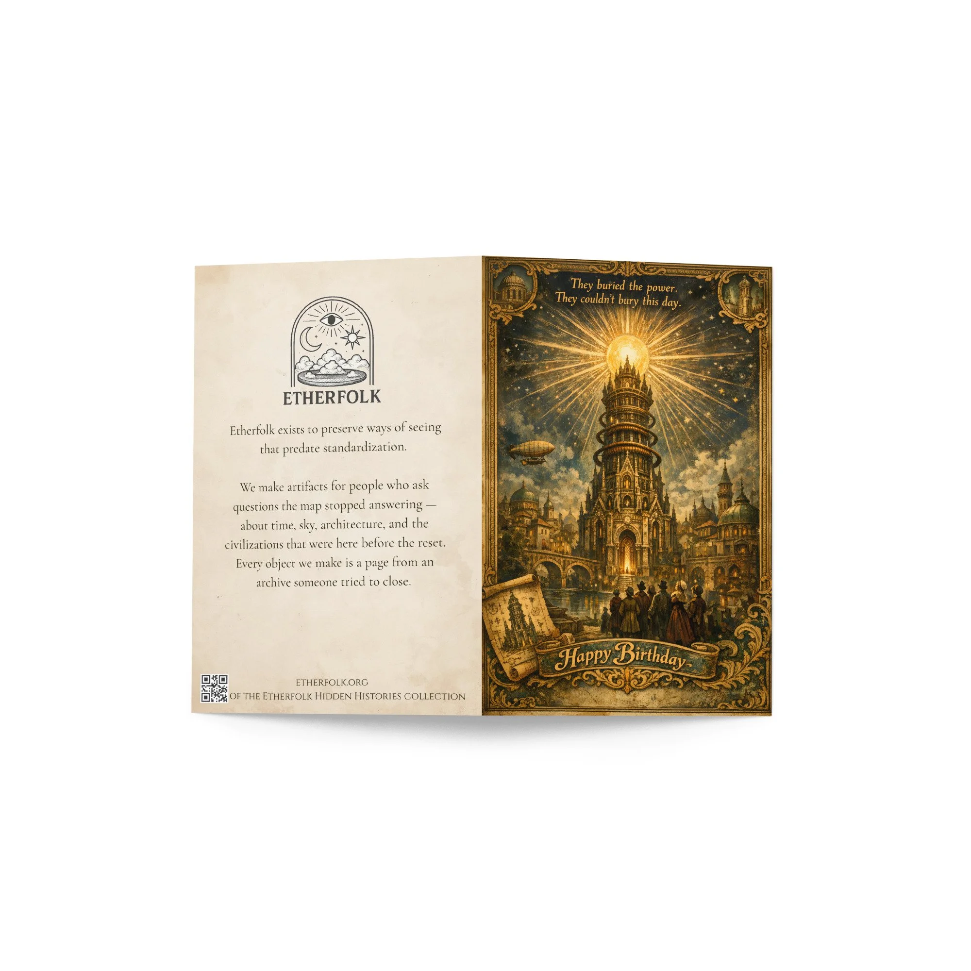 Greeting card — back cover showing Etherfolk manifesto and brand logo introduction — hidden history archive — Etherfolk