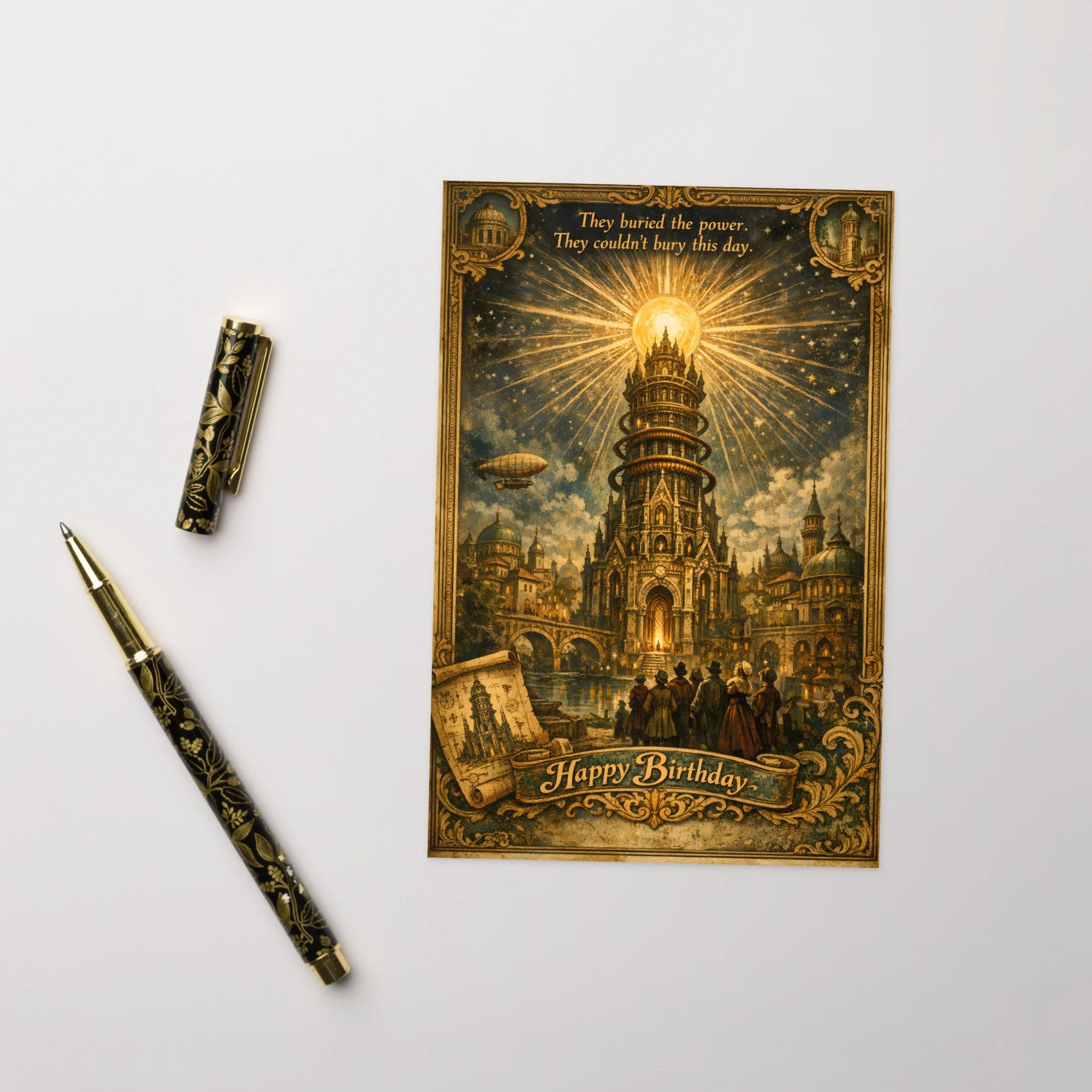 Greeting card — Vintage engraving illustration of Tartarian tower radiating light over baroque city with crowds and airship —