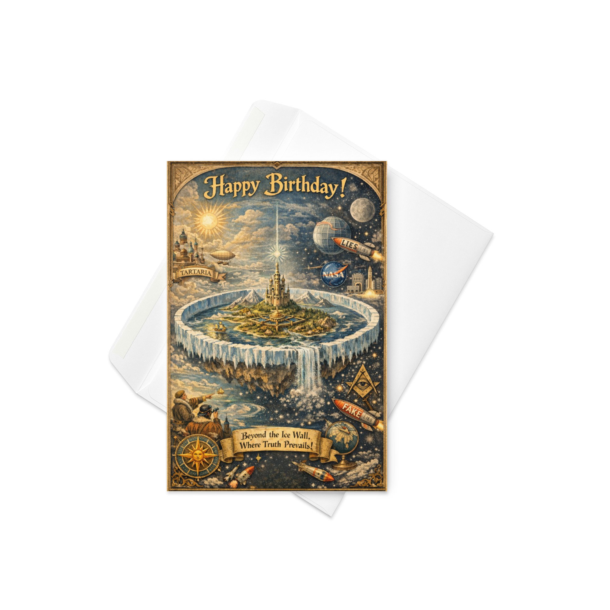 Greeting card — Close-up of vintage-style illustrated details featuring flat earth and Tartarian imagery — alternative histor