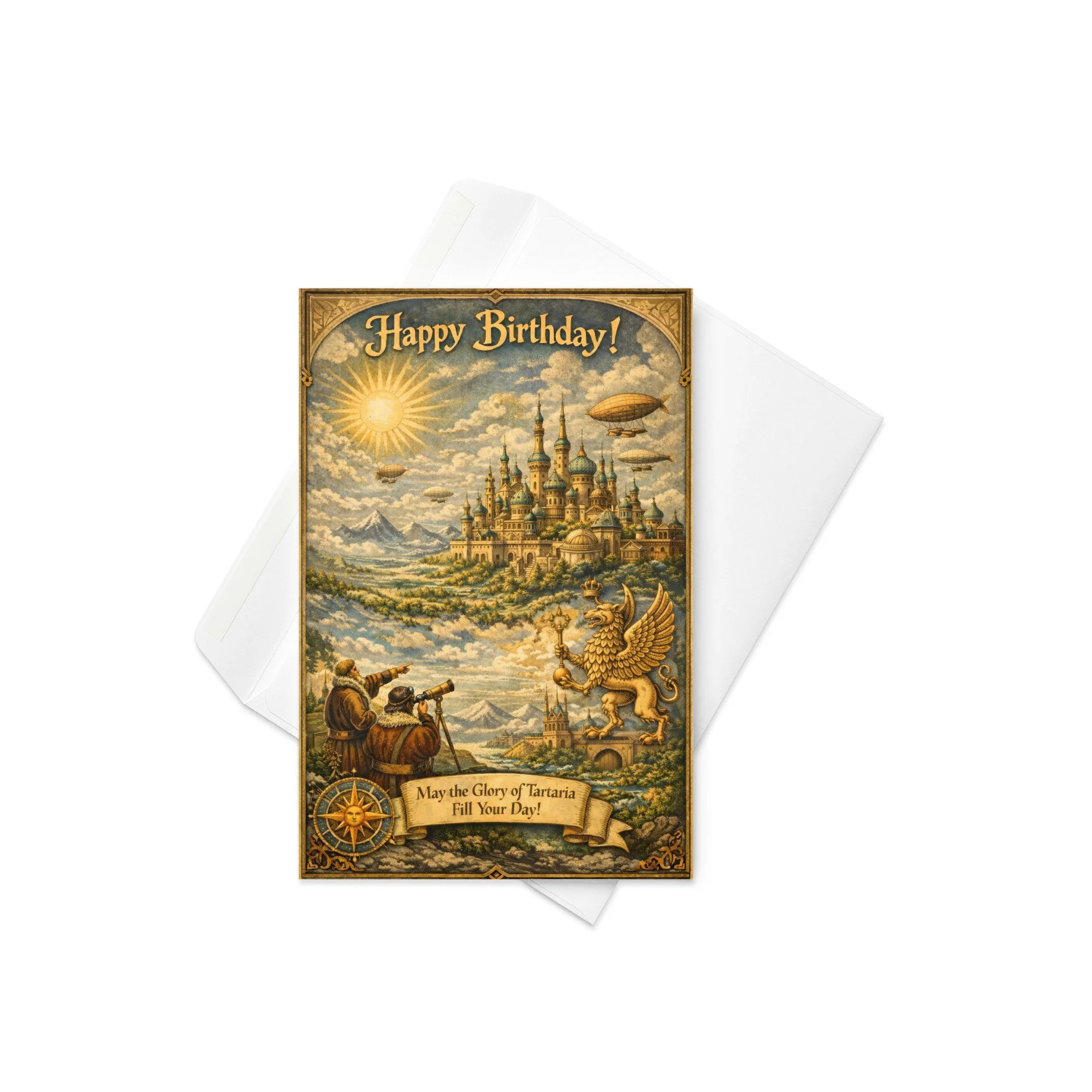Greeting card — Close-up of ornate Tartarian dome and golden airship illustration with vintage engraving details — Lost civil