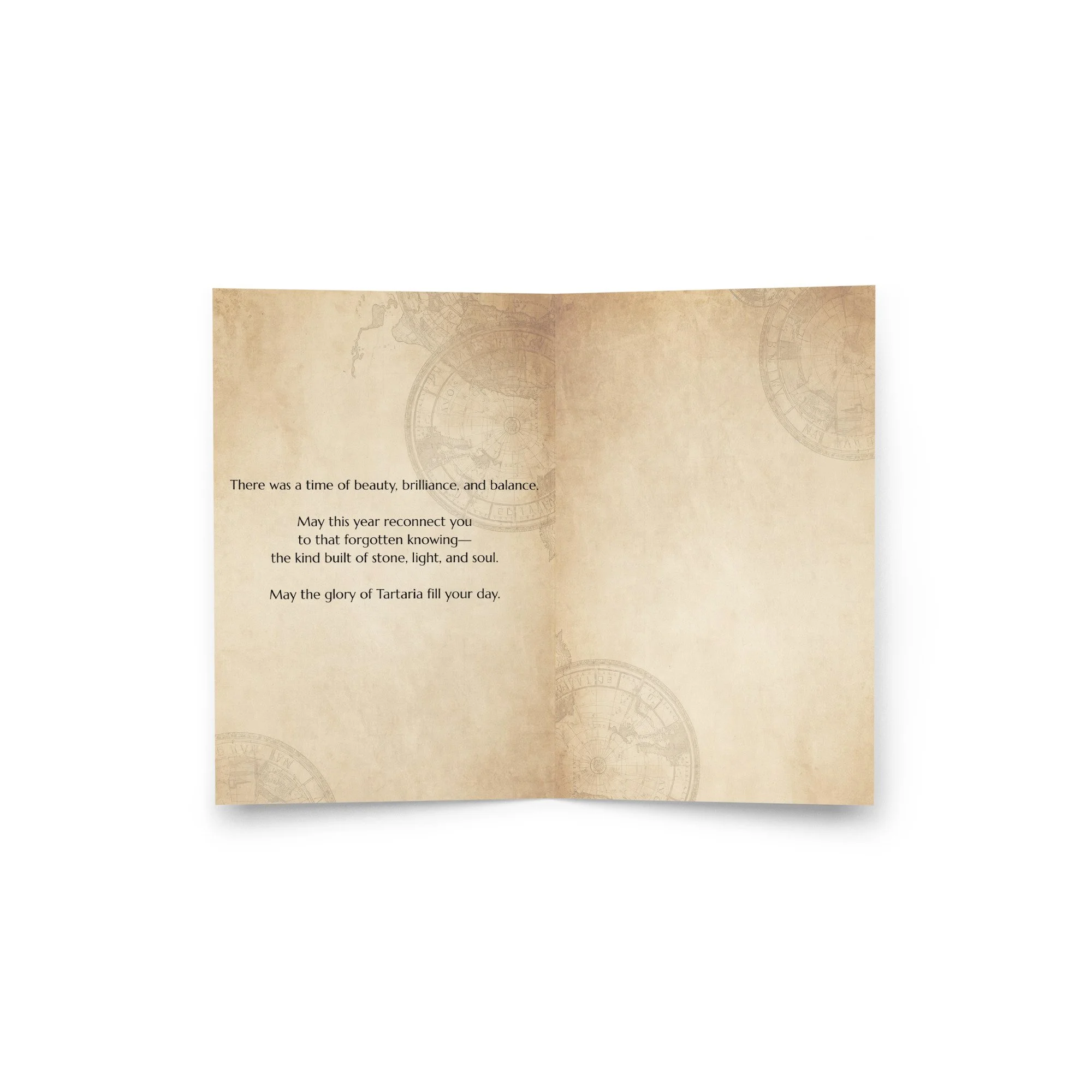 Greeting card displayed open showing Tartarian architecture and airships — lost civilization, alternative history — Etherfolk