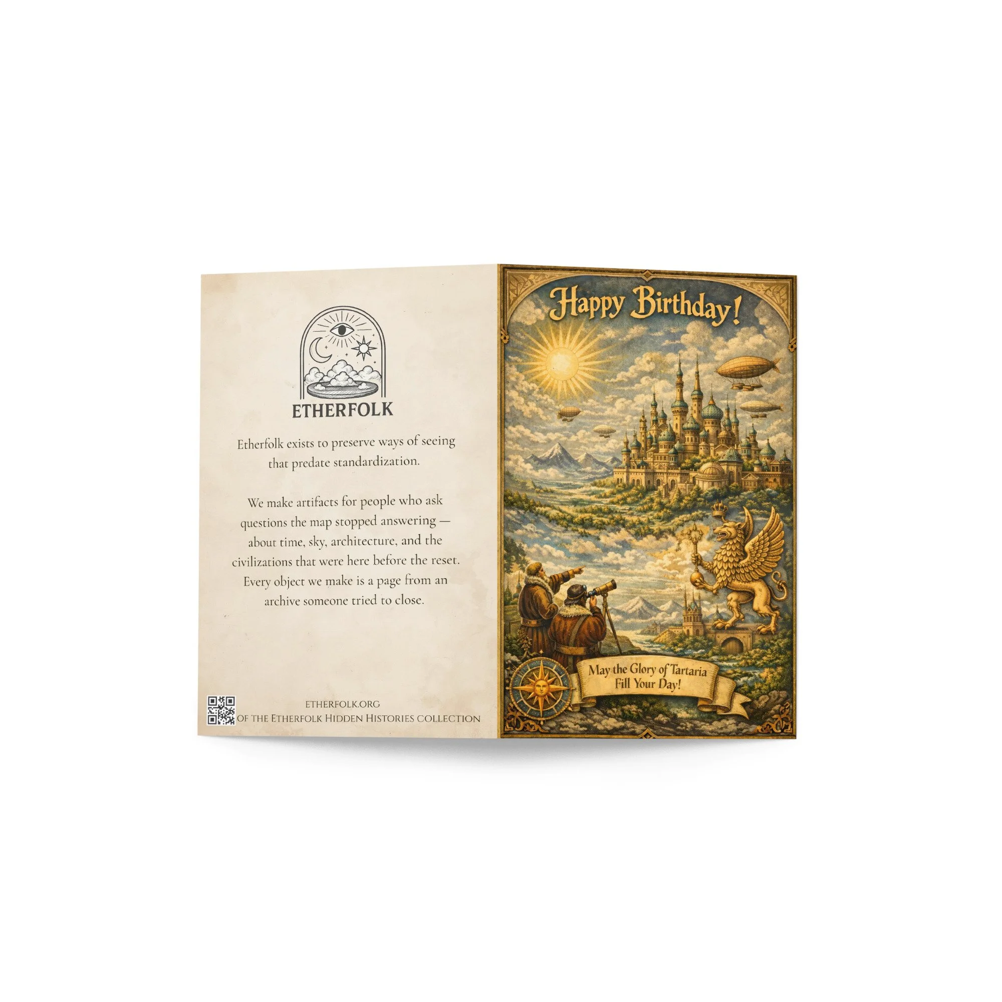 Greeting card — Reverse side showing envelope and card edge with dome motif — Tartarian, nostalgic — Etherfolk