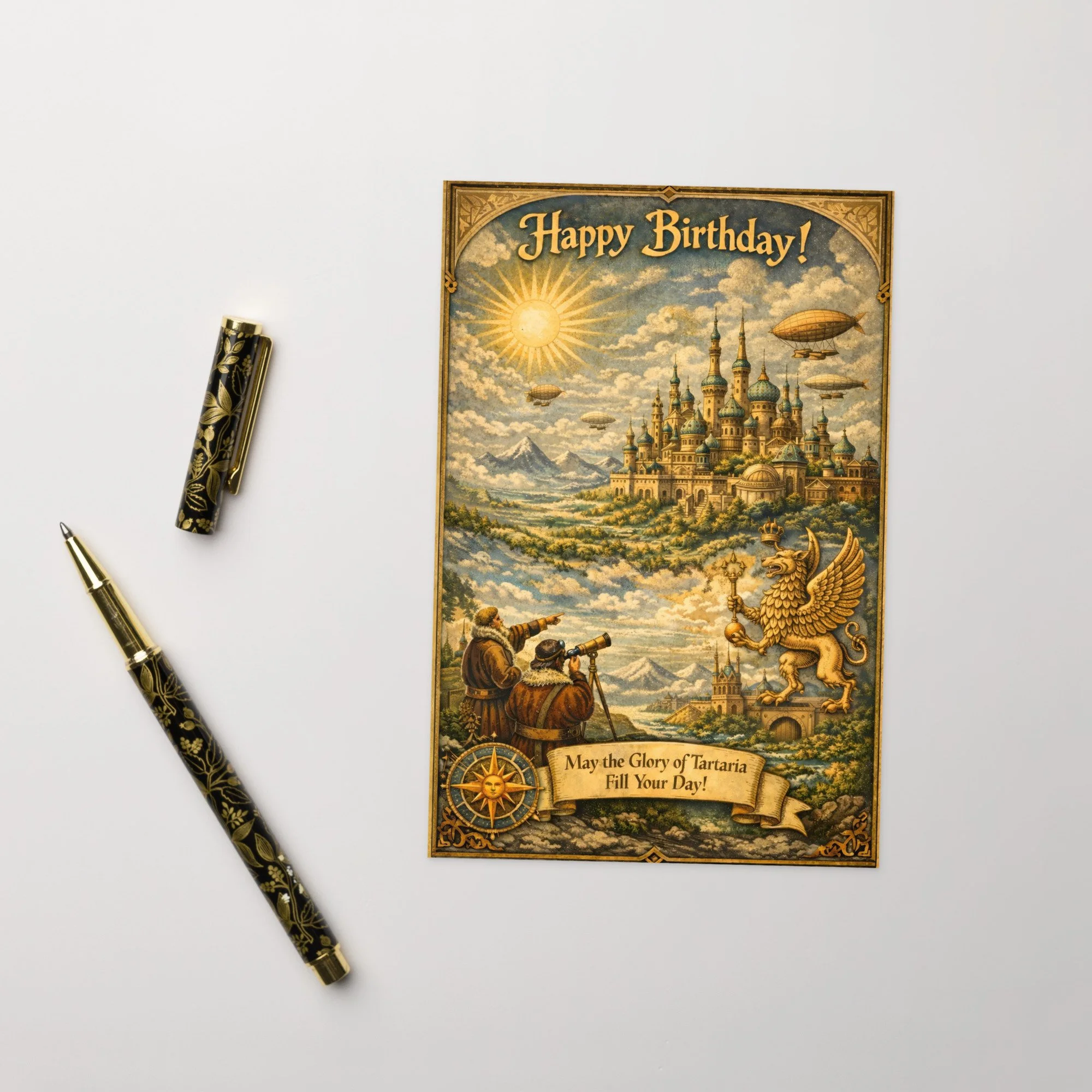 Greeting card — Tartarian birthday card with sunlit domes, airships, and ornate griffin design — alternative history — Etherf