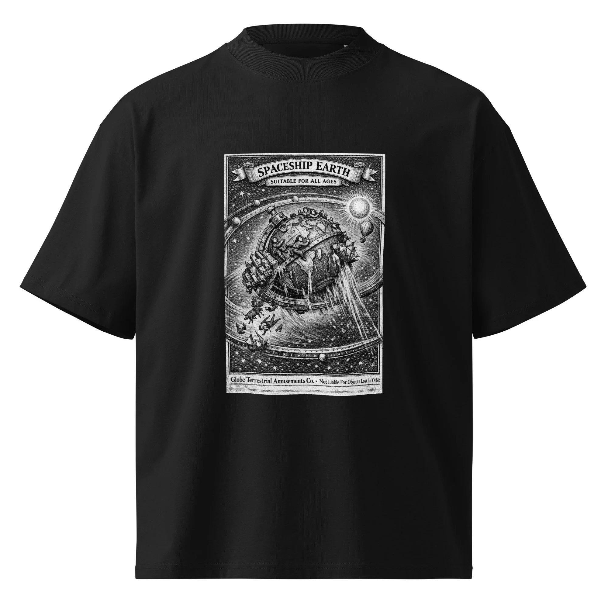Oversized tee featuring vintage engraving of globe on gyroscope with cascading water and tumbling figures — flat earth satire