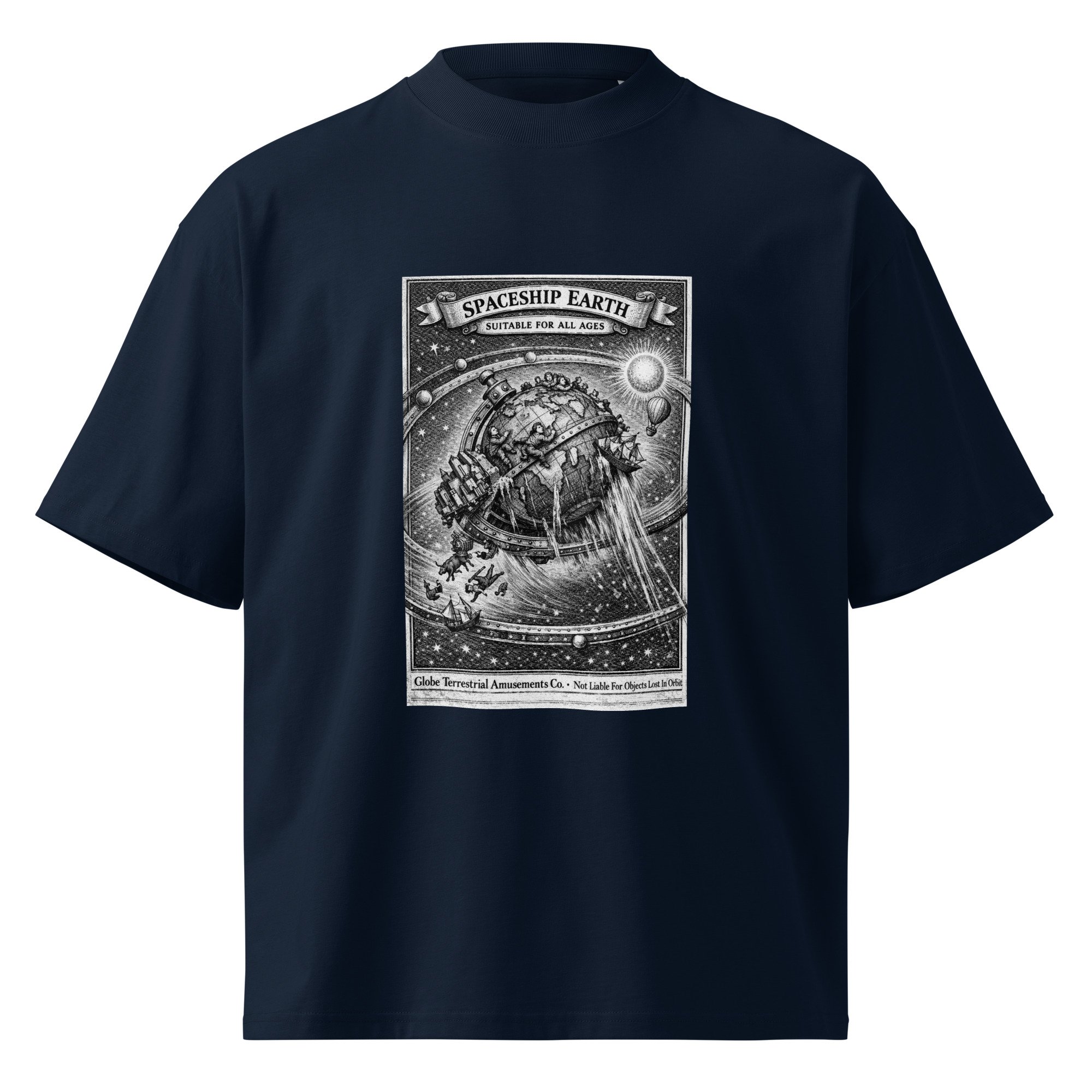 Oversized tee close-up — vintage engraving illustration of tilting globe with cascading water and tumbling figures — flat ear