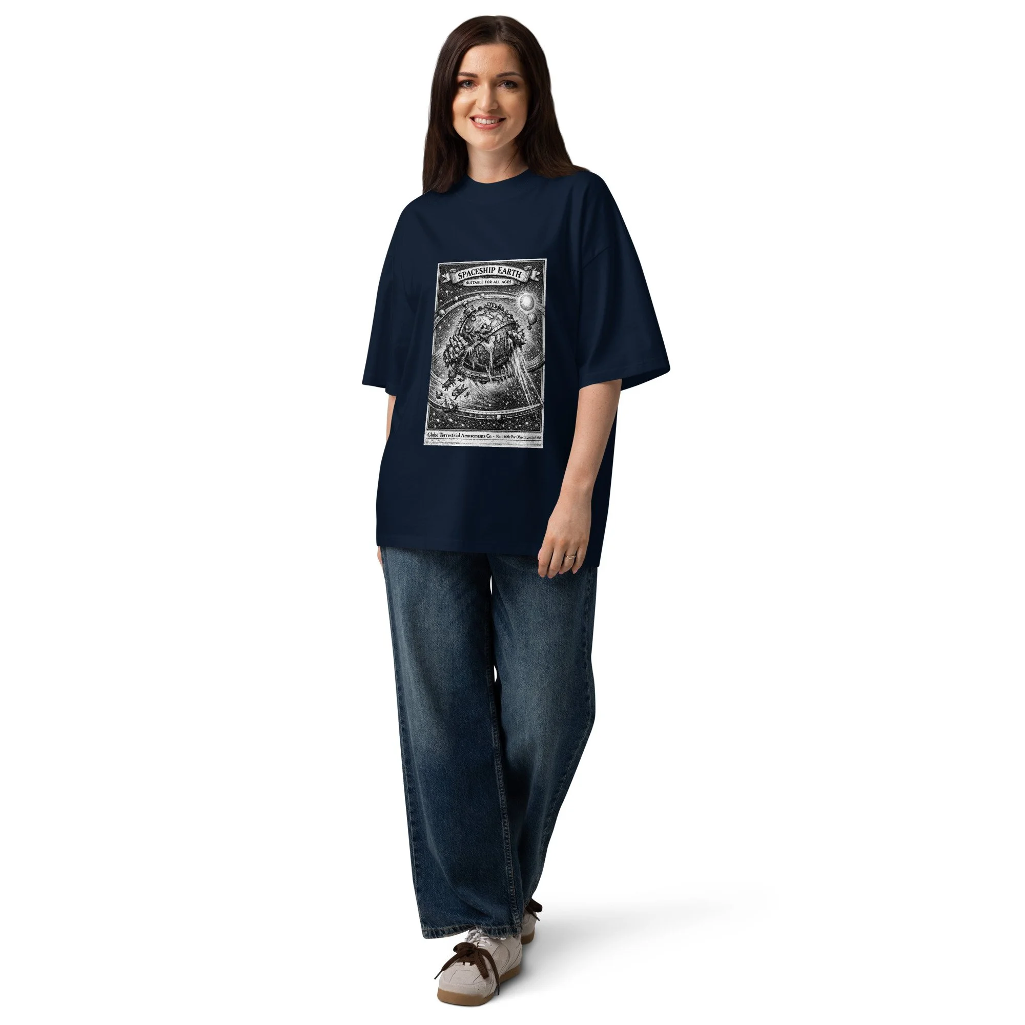 Oversized tee back view — vintage engraving globe mockery design — flat earth satire — Etherfolk
