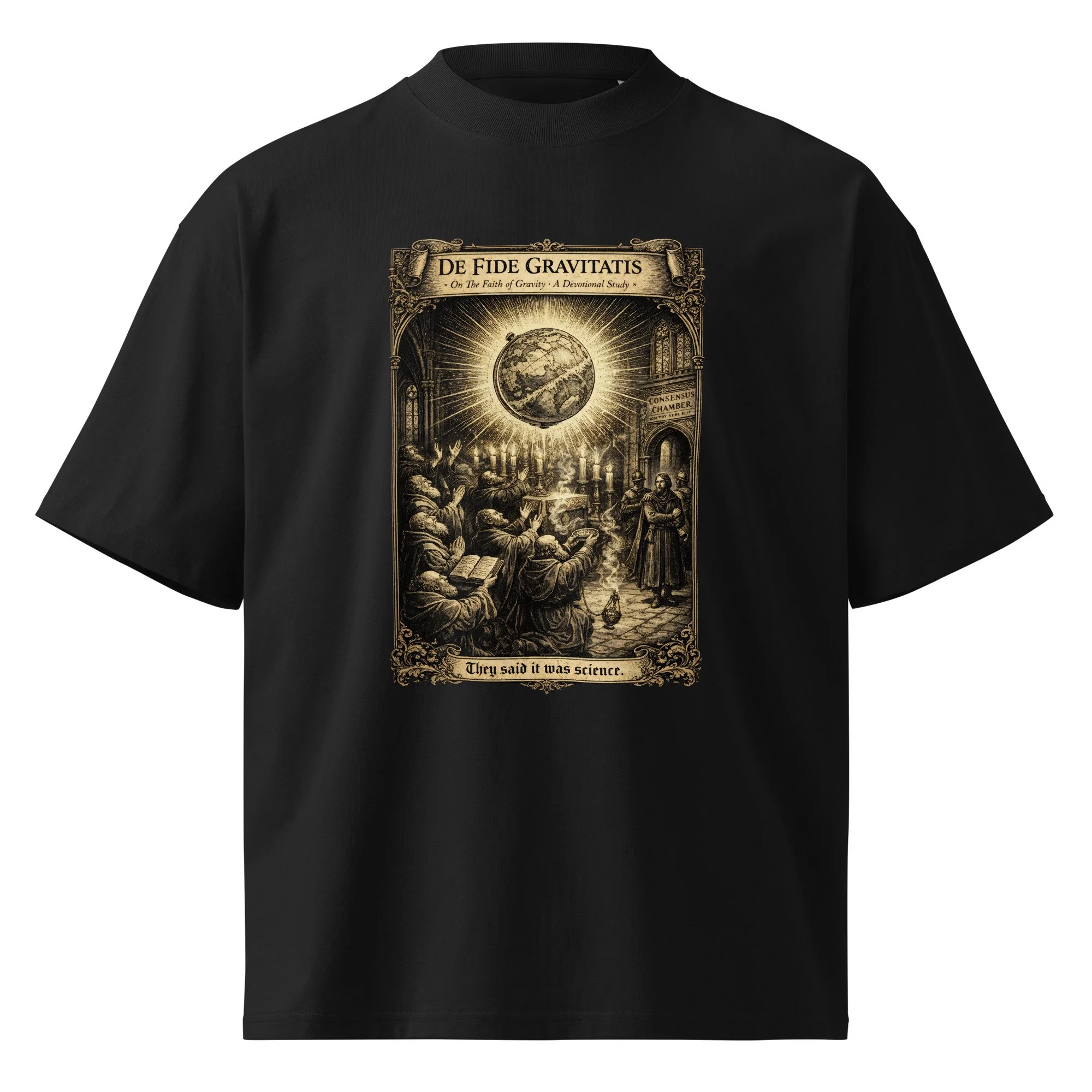 Oversized organic tee featuring vintage engraving of scholars worshipping globe earth — alternative history satire — Etherfol