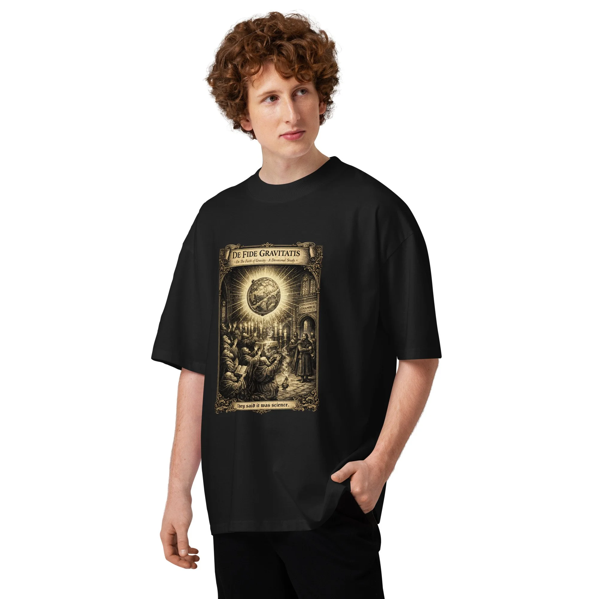 Oversized organic tee detail — vintage engraving close-up of robed scholars in devotional pose — alternative history — Etherf