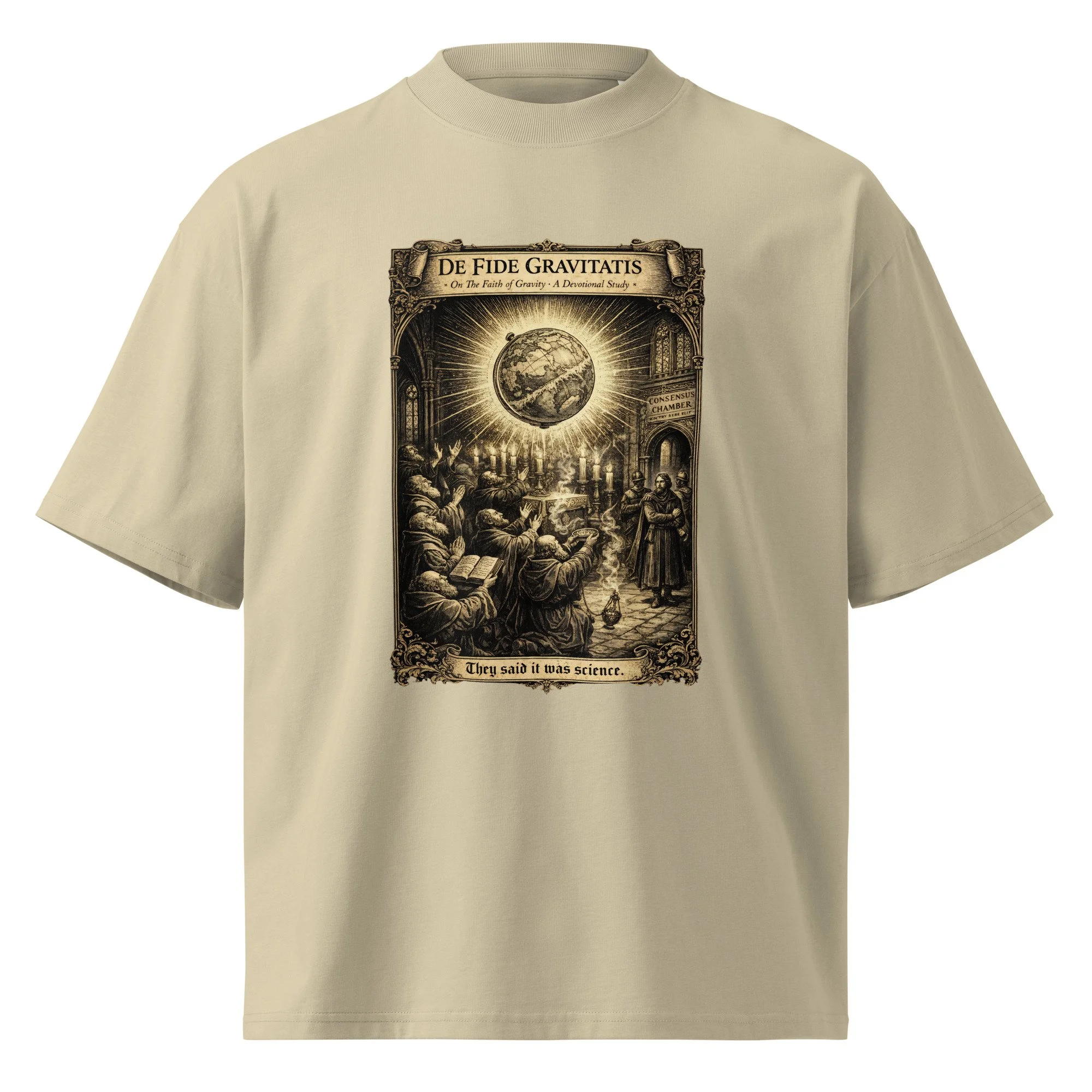 Oversized organic tee alternate view — vintage engraving print of gravity worship scene — alternative history — Etherfolk