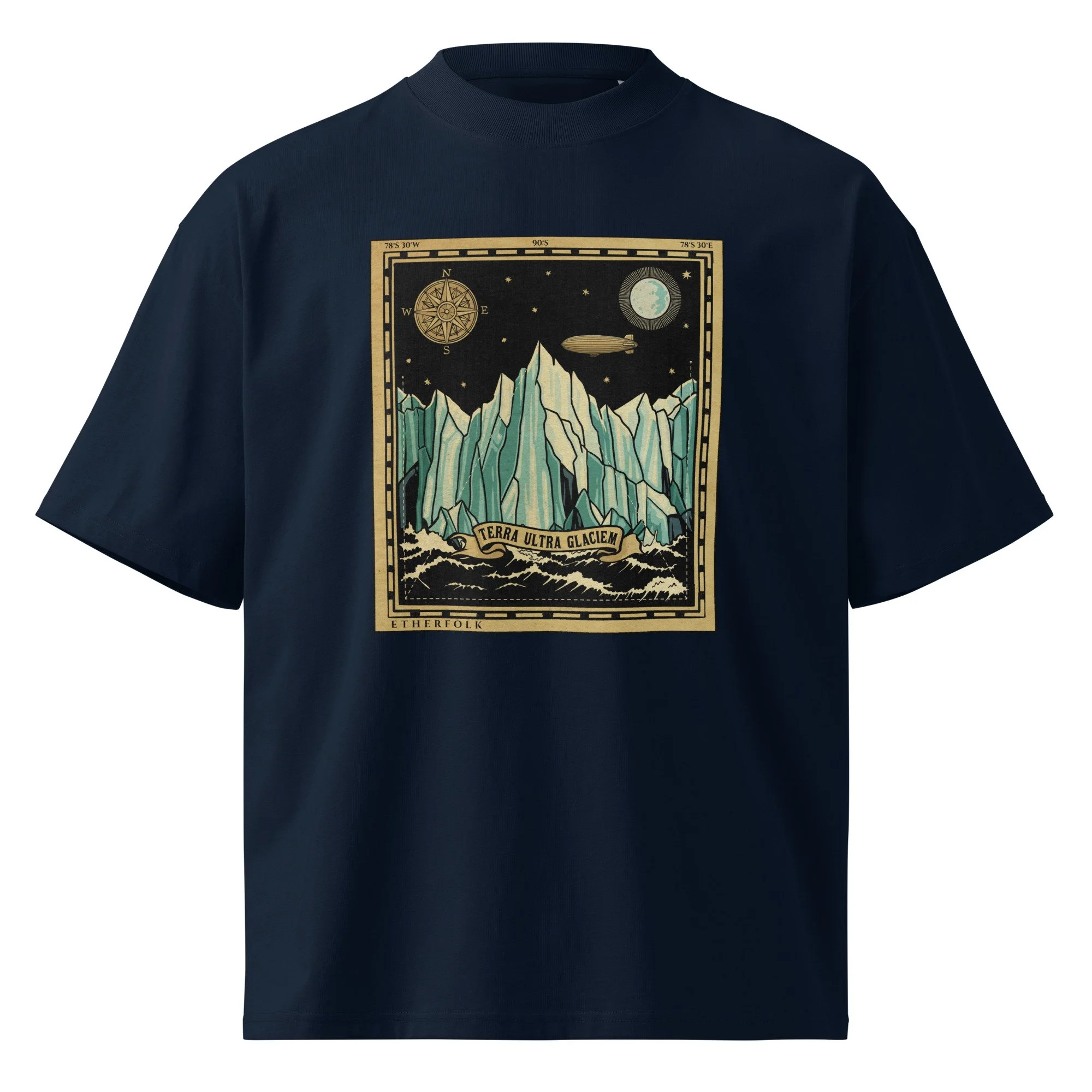 Oversized Tee — Vintage expedition cartography design with ice wall, airship, and nautical coordinates — Tartarian, alternati
