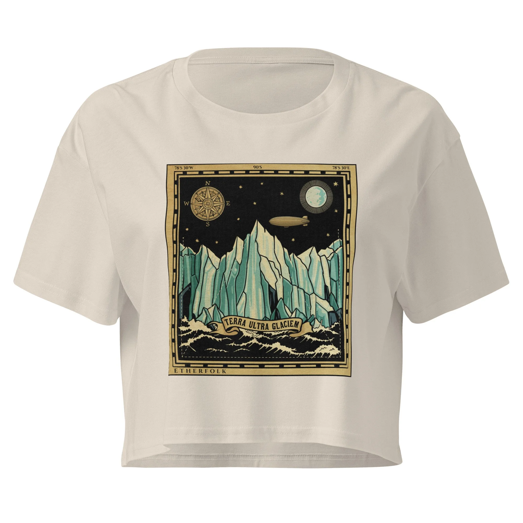 Crop top — cream cotton tee with vintage expedition map featuring ice wall, compass rose, and Tartarian airship — flat earth,