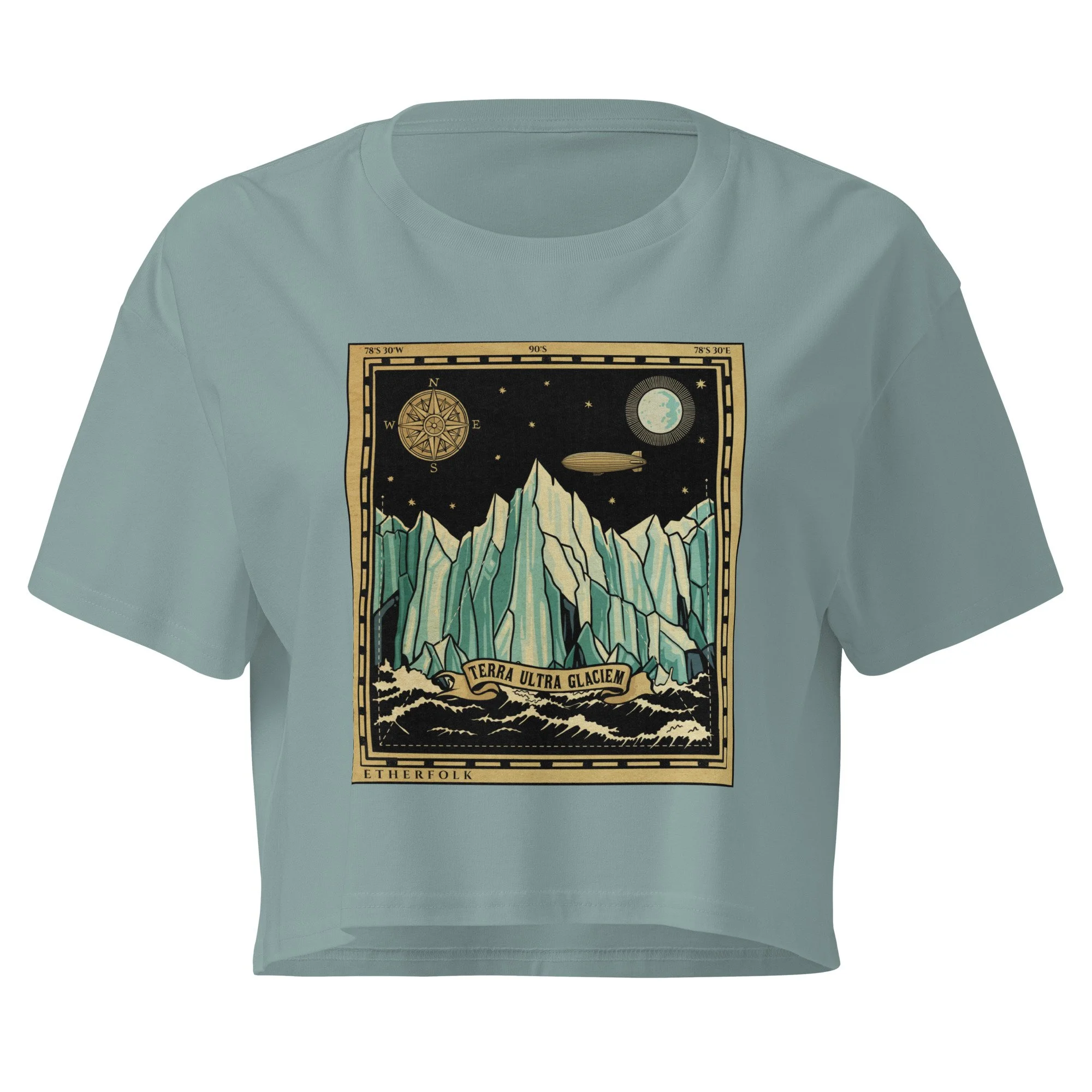 Crop top detail — vintage engraving illustration of compass rose and Tartarian airship coordinates — alternative history — Et