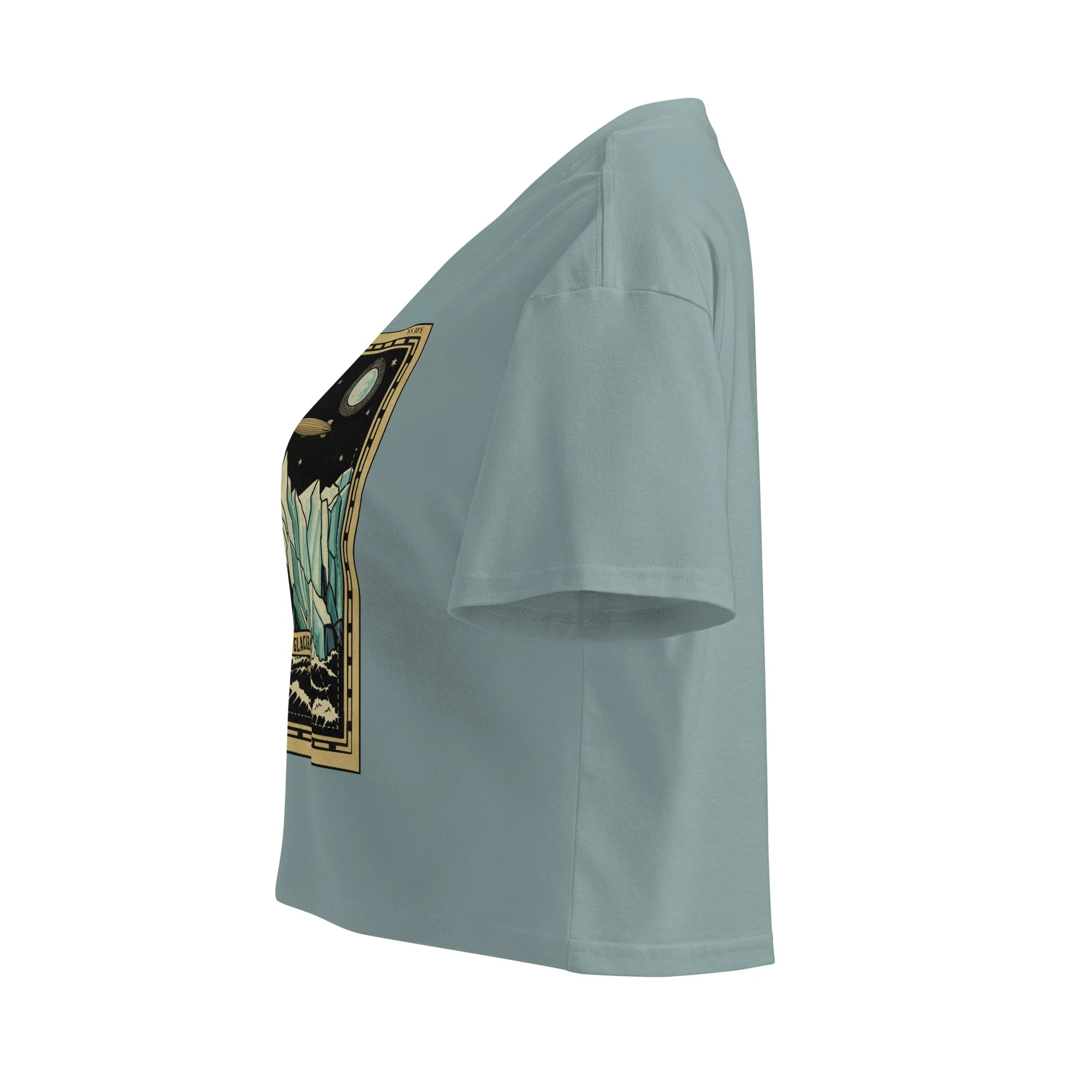 Crop top — side angle view showing dropped shoulder seam and relaxed fit — Tartarian cartography — Etherfolk