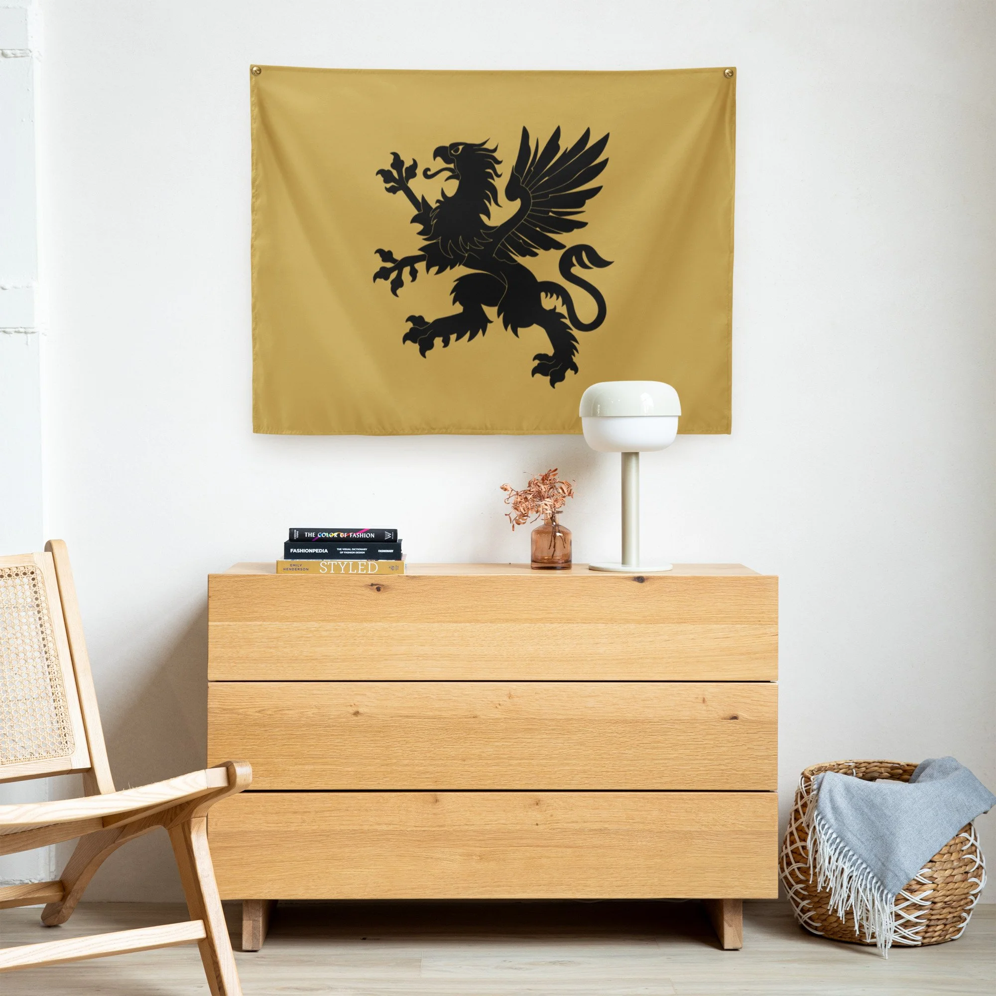 Wall flag featuring Tartarian griffin design hung in modern interior space — alternative history — Etherfolk