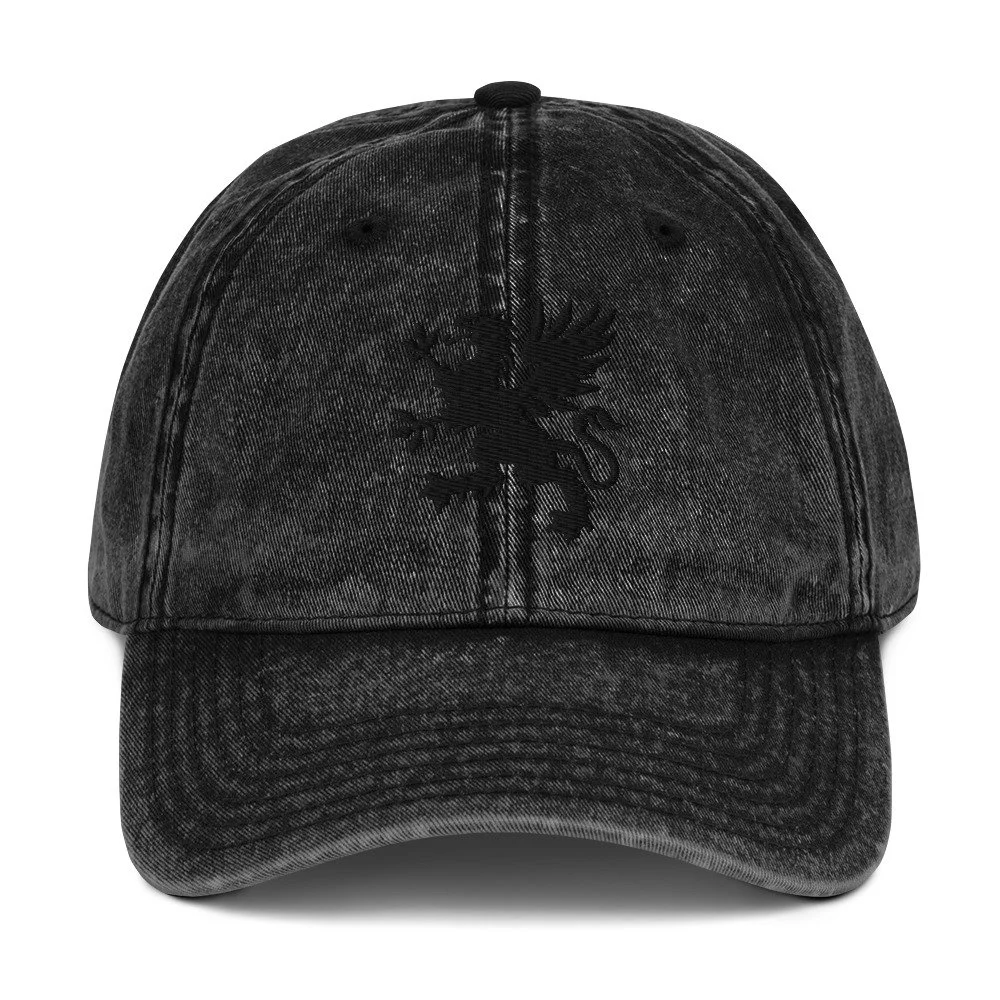 Dad Cap — Black embroidered griffin silhouette on vintage cotton twill front — Tartarian heritage — Etherfolk