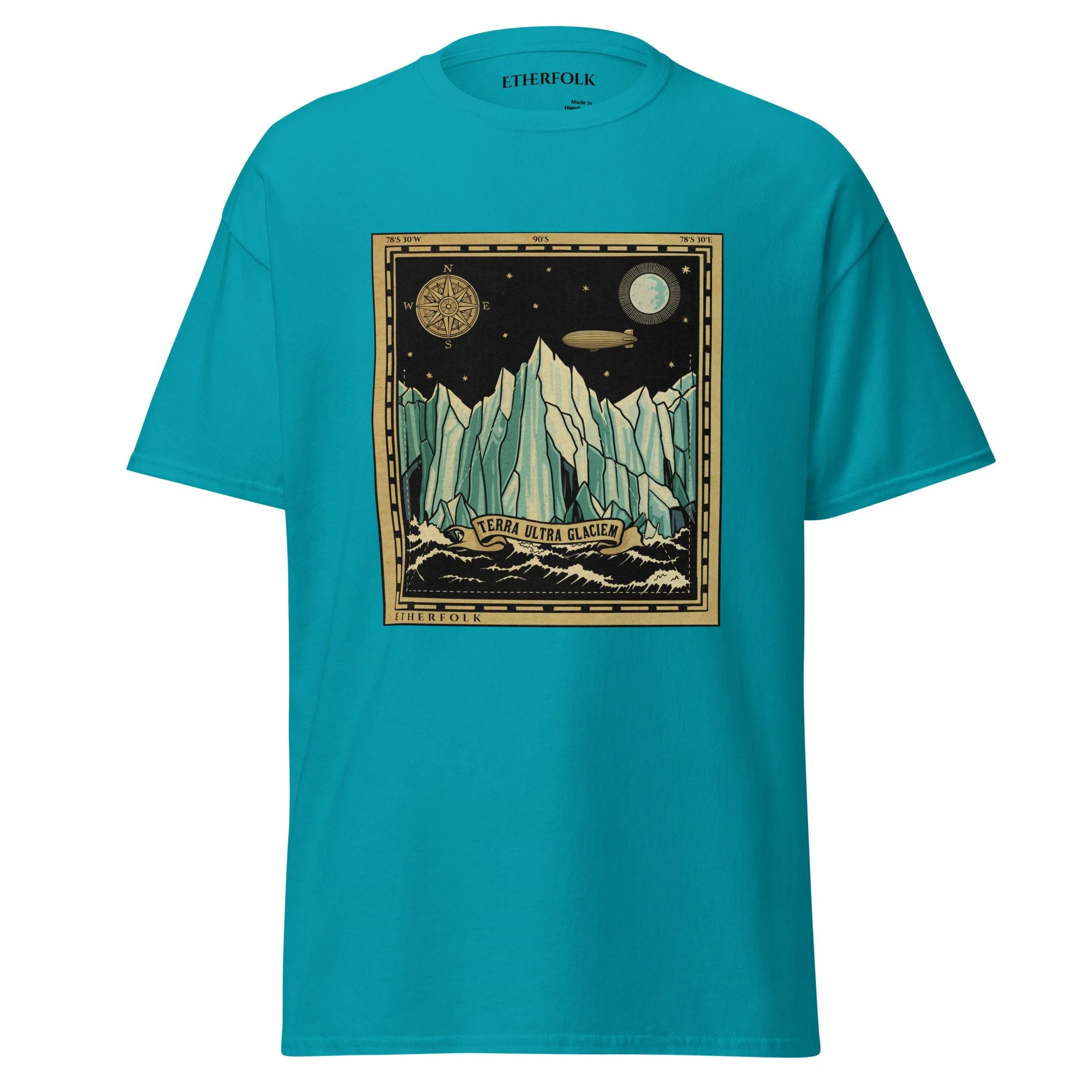 Unisex Classic Tee — oversized cotton shirt styled with vintage expedition cartography design — Tartarian airship, hidden his
