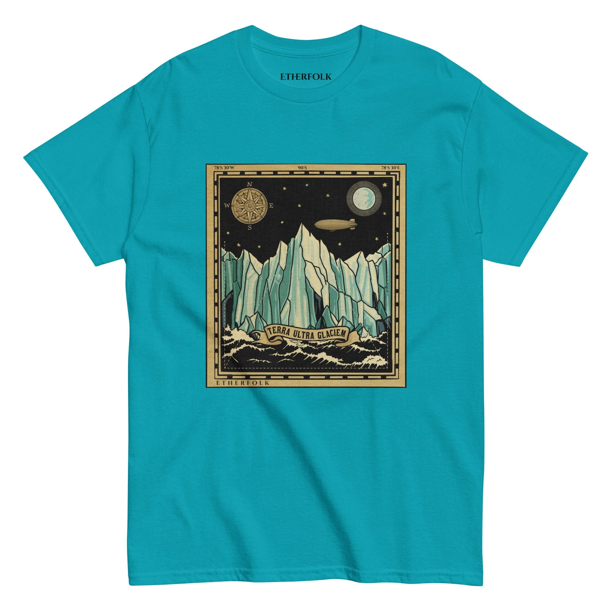 Unisex Classic Tee — Vintage expedition cartography design with Tartarian airship approaching ice wall — Alternative history