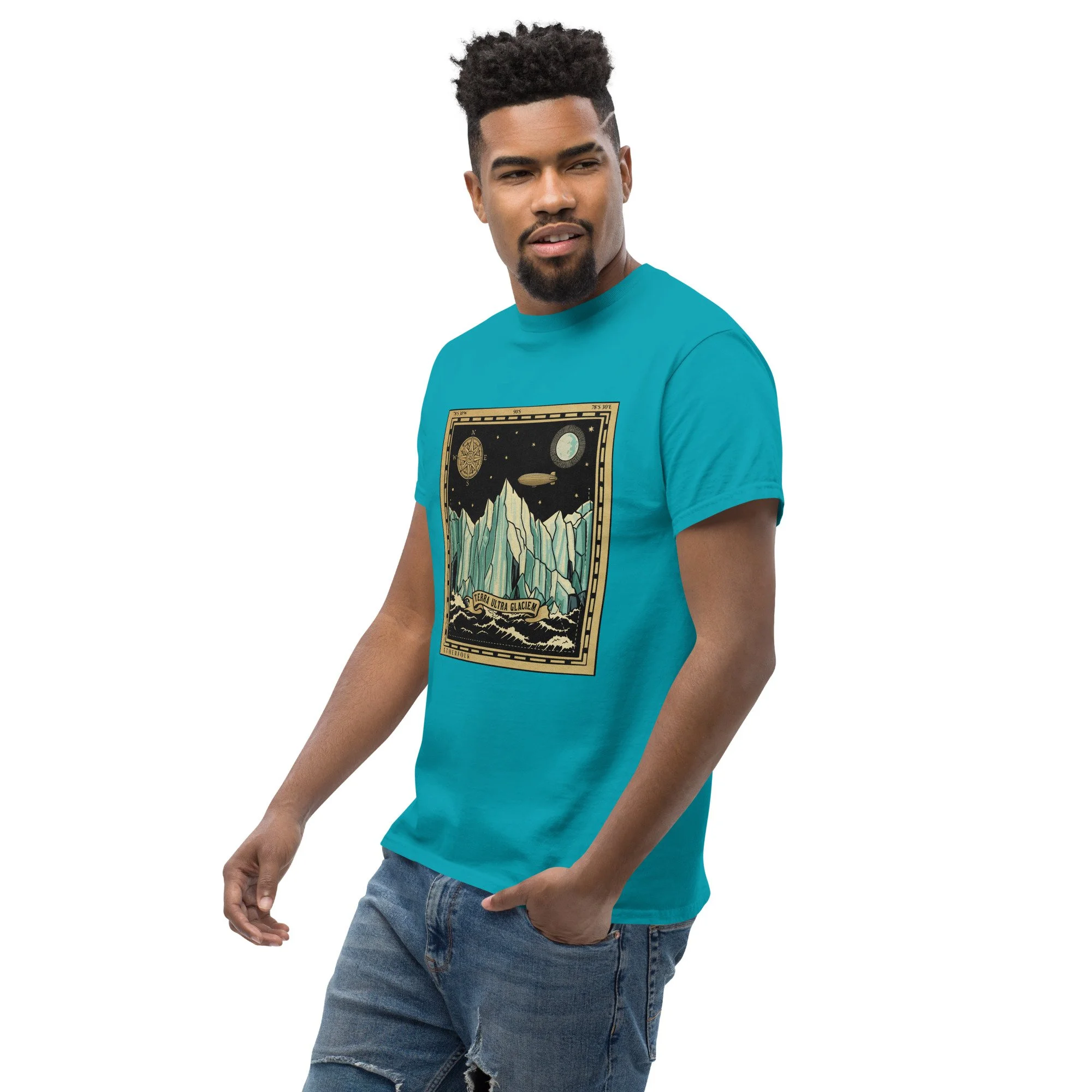 Unisex Classic Tee — oversized fit displayed from side angle showing structured drape — Tartarian cartography — Etherfolk
