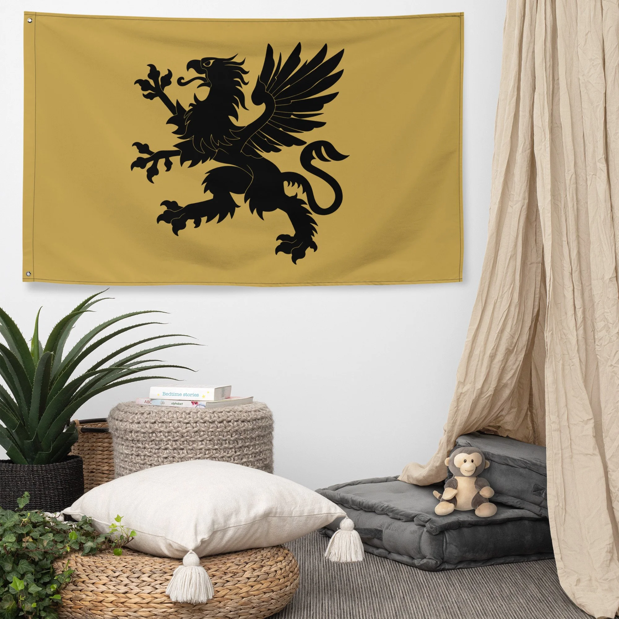 Wall flag — Tartarian Griffin banner displayed at side angle showing fabric drape and grommet details — alternative history,