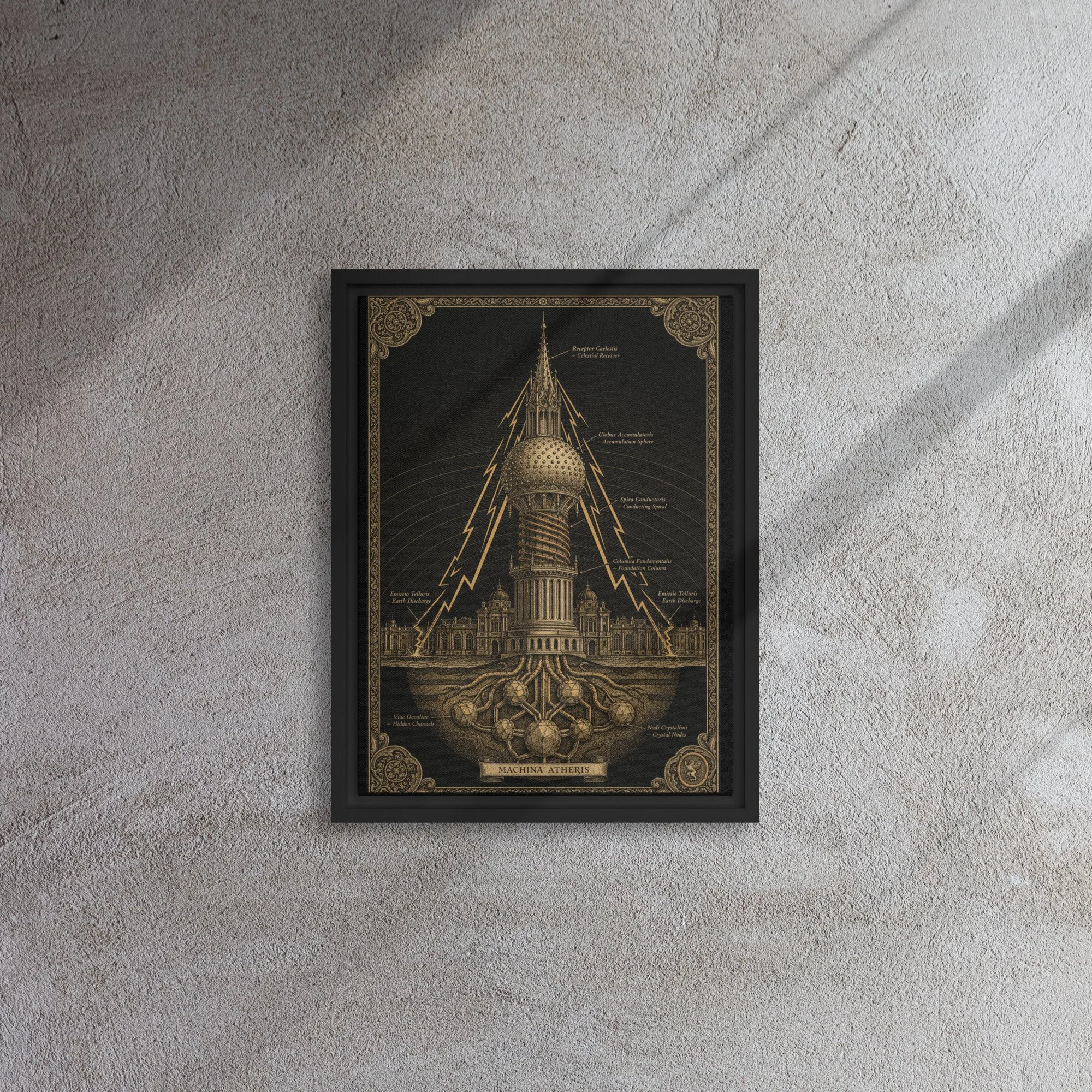 Framed Canvas — Vintage copper-plate engraving of aetheric energy machine with celestial receiver and crystal nodes — Tartari