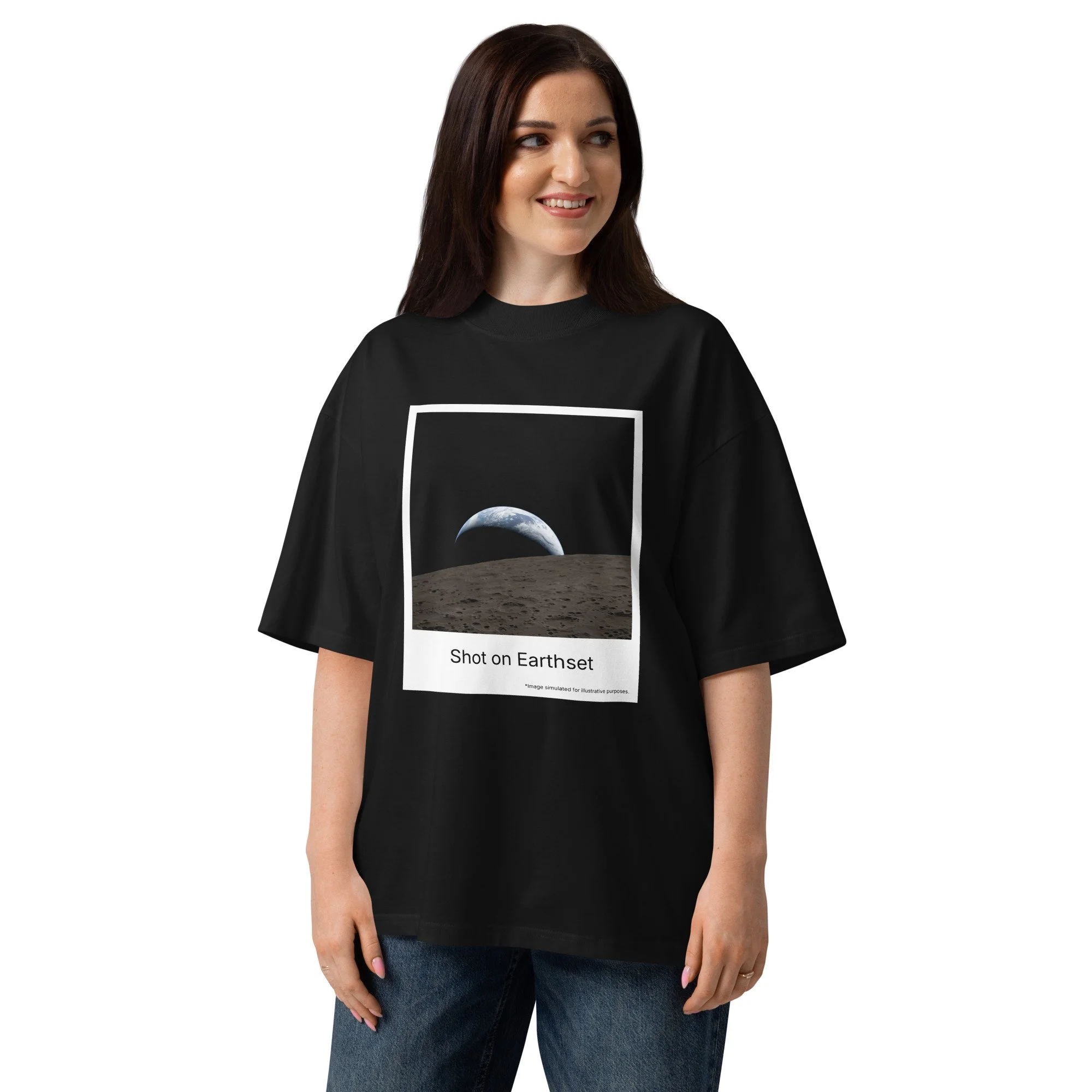 T-shirt — Oversized black tee with lunar horizon and "Shot on Earthset" billboard-style graphic — Apollo hoax satire, alterna