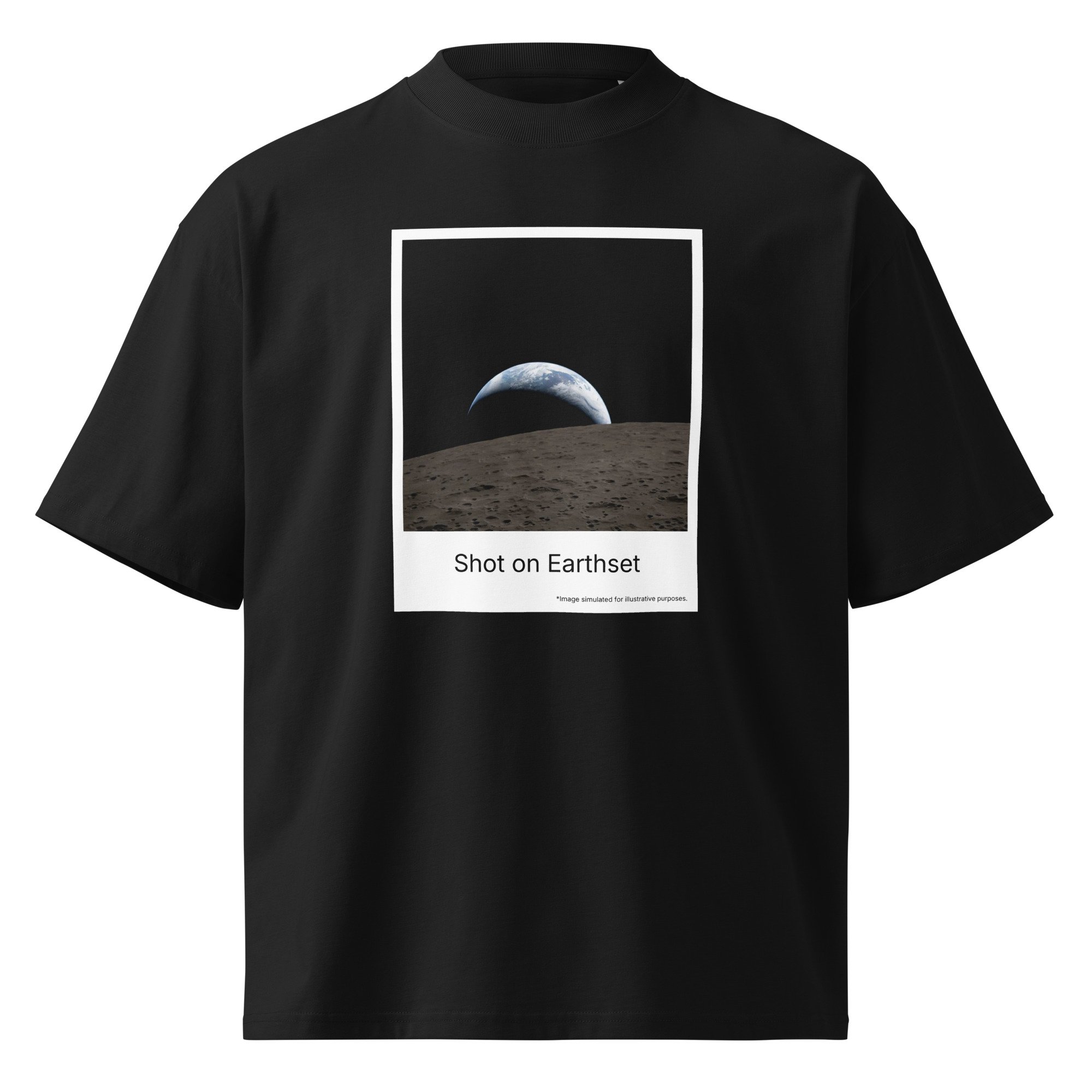 T-shirt — Close-up of "Shot on Earthset" lunar horizon graphic on black organic cotton — Apollo hoax satire — Etherfolk