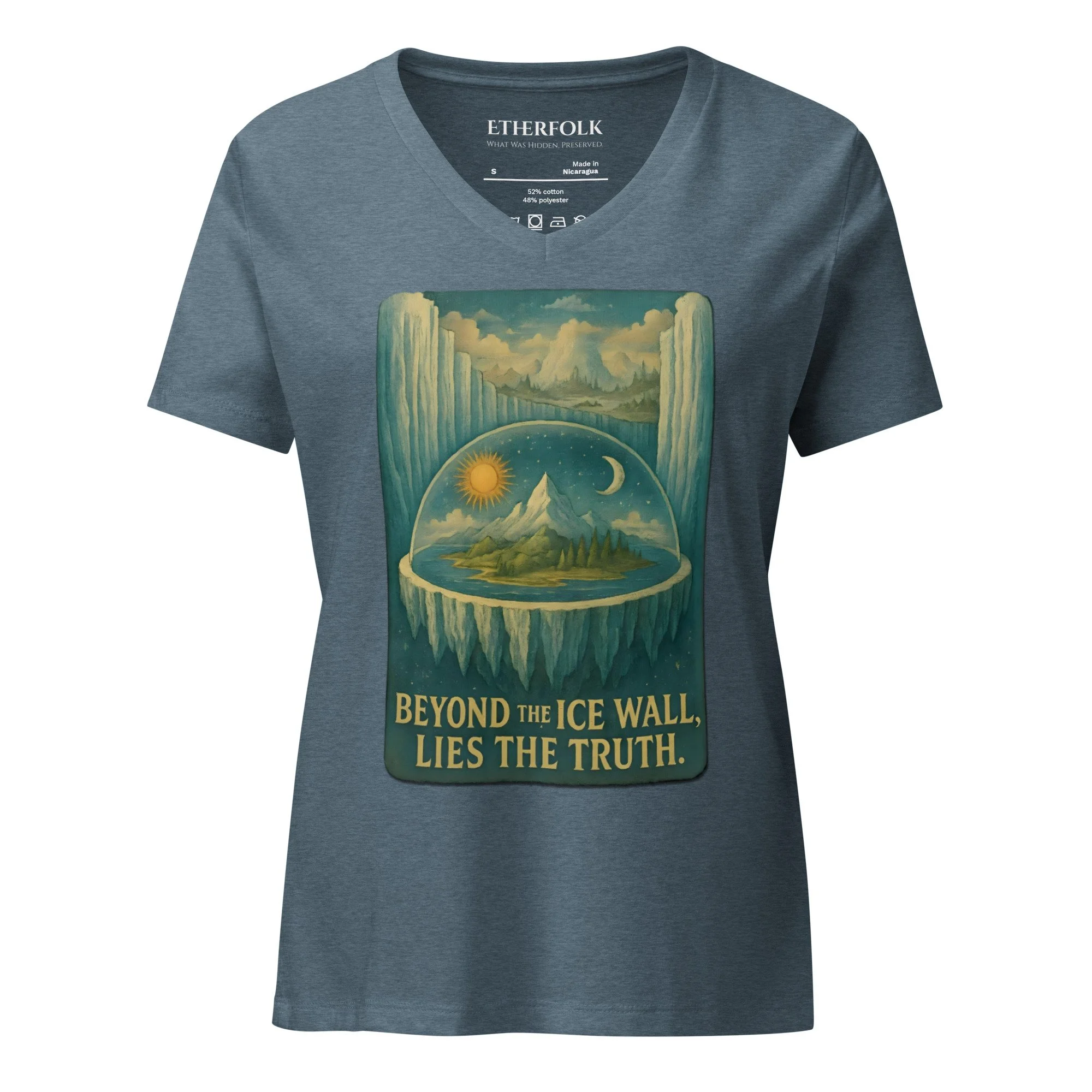 V-Neck T-Shirt — flat earth cosmology design with ice wall, firmament dome, and Terra Plana — alternative history — Etherfolk