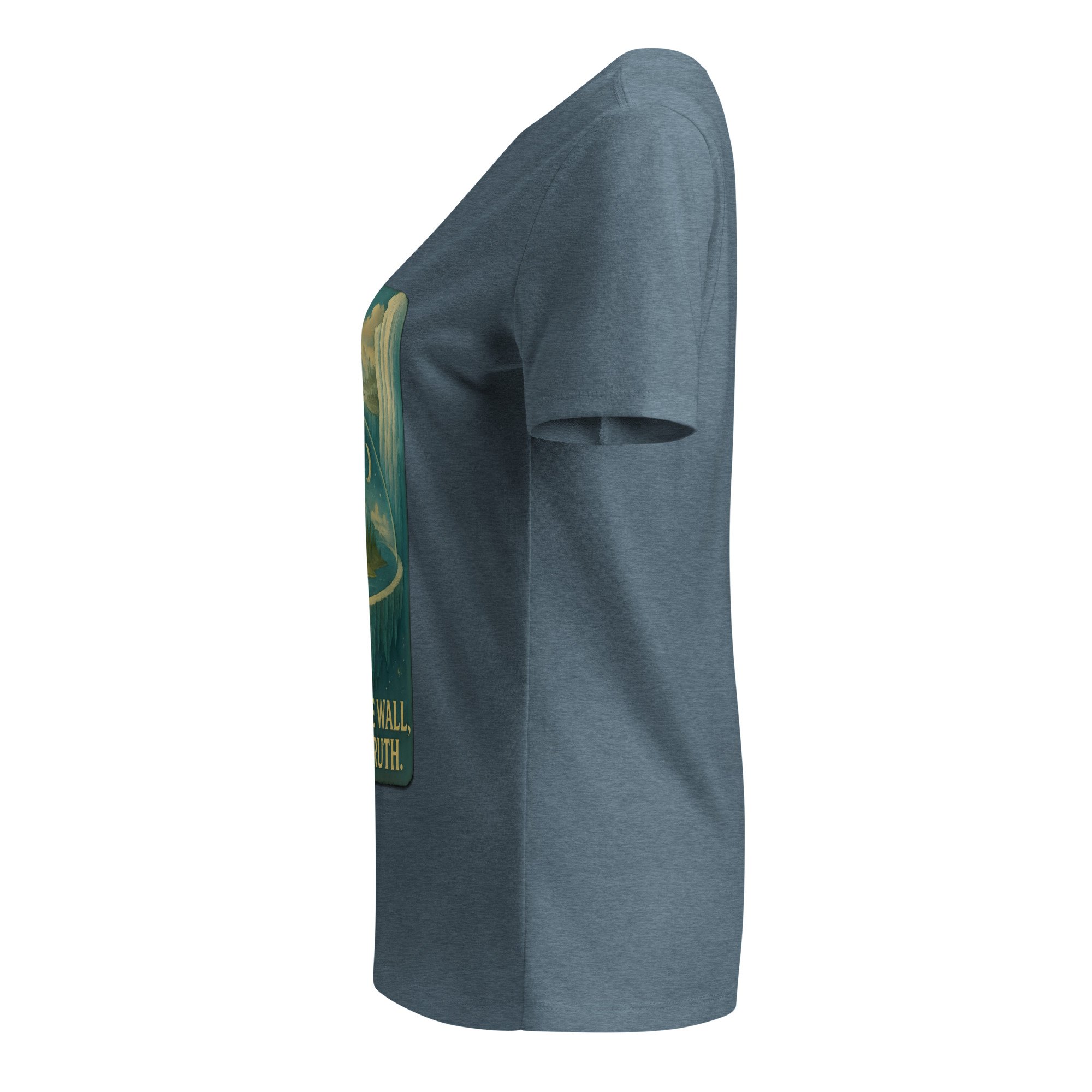 V-neck t-shirt worn casually, featuring flat earth cosmology design with ice wall and firmament dome — alternative history —