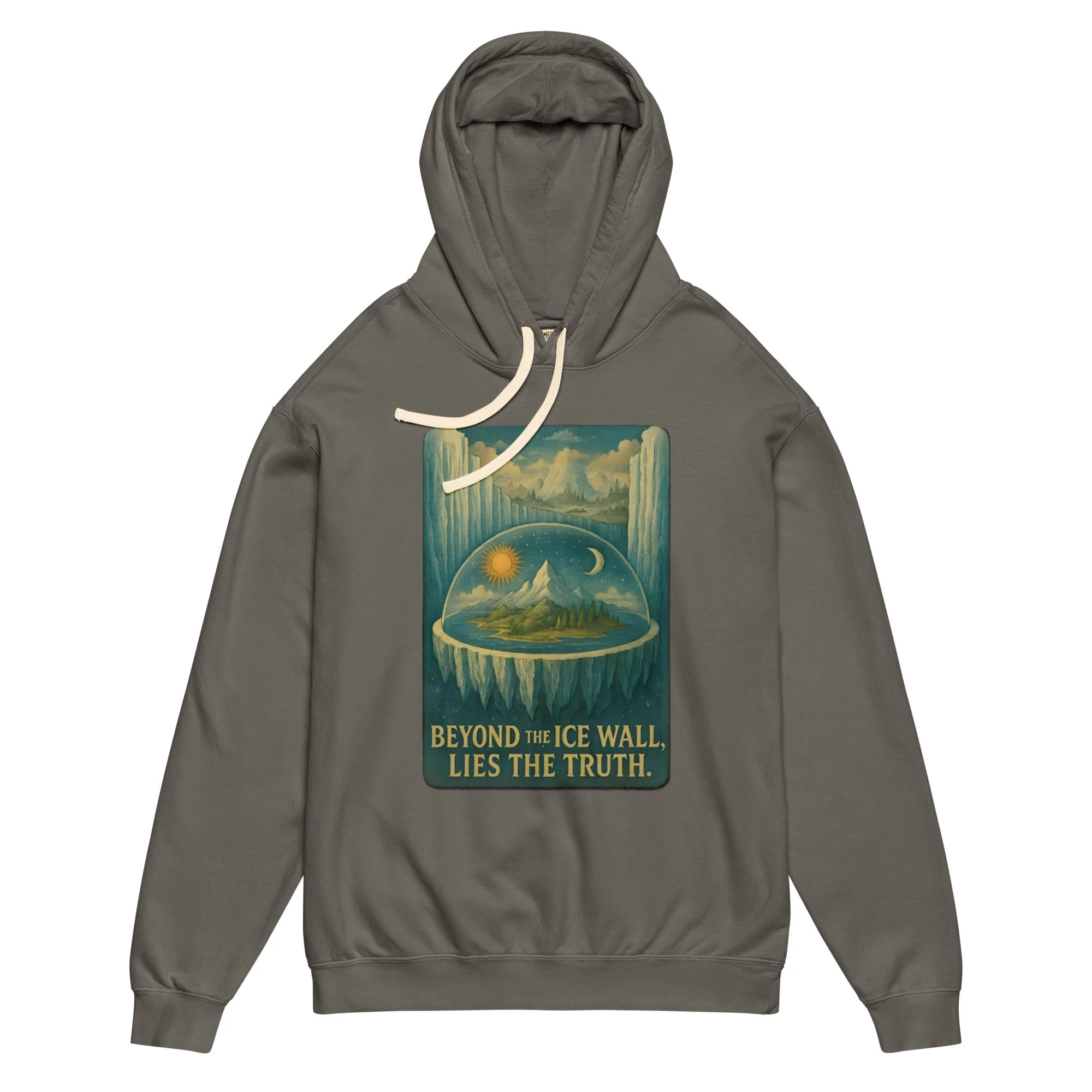Unisex Hoodie — Flat earth cosmology design with firmament dome, orbital celestial bodies, and ice wall — Alternative history