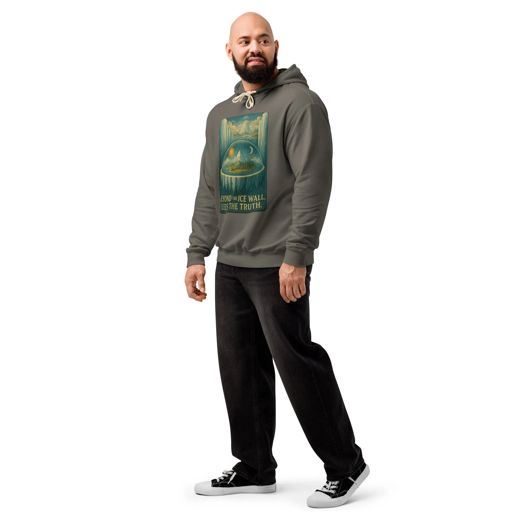 Unisex hoodie — back view showing garment-dyed fabric texture and archival aesthetic — flat earth, hidden history — Etherfolk