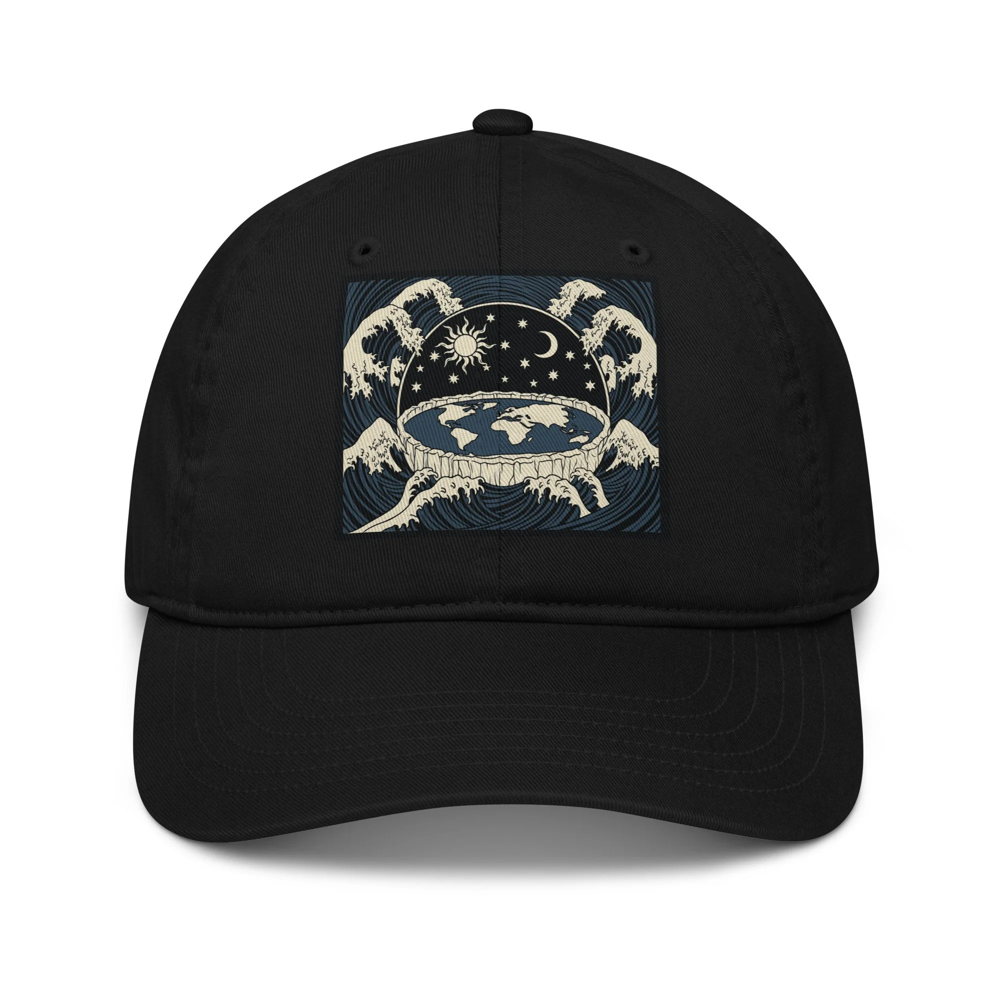 Dad hat — Close-up of vintage engraving-style graphic showing waters, dome, and celestial bodies — Firmament symbolism — Ethe