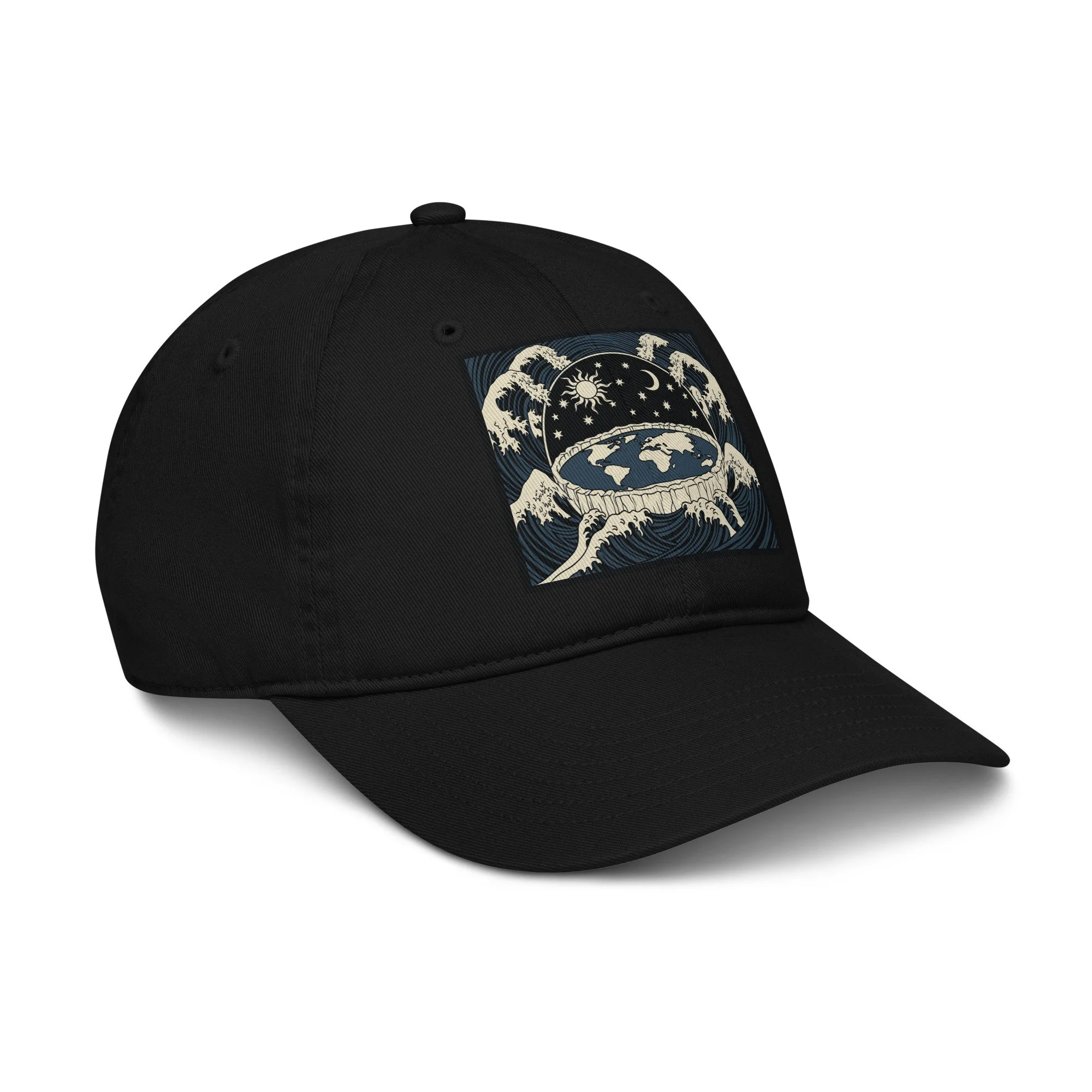Dad hat — side angle showing vintage wave and dome graphic with layered cosmology design — firmament, alternative history — E