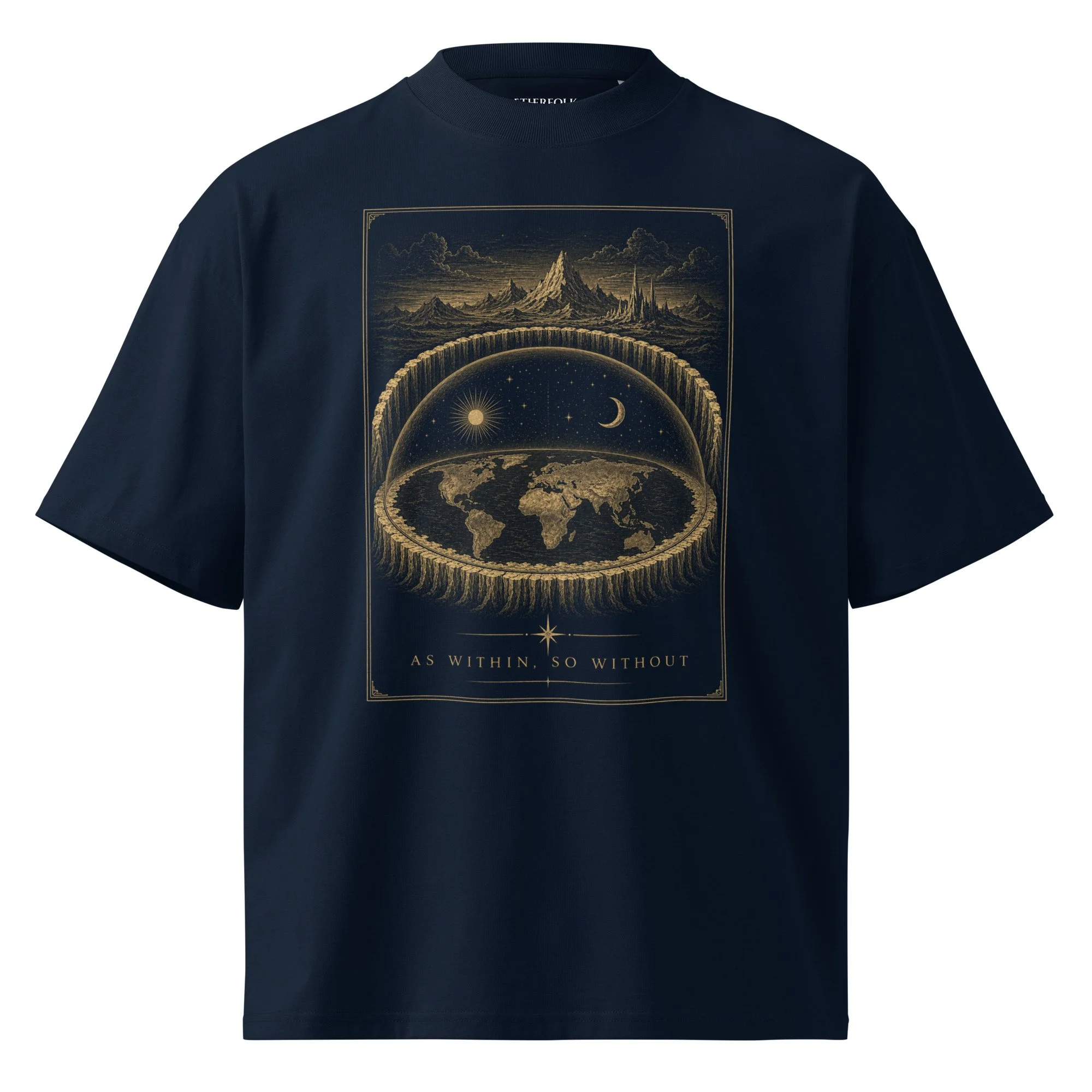 Unisex Oversized Tee — vintage engraving of enclosed world beneath firmament with continents and polar barrier — hidden cosmo
