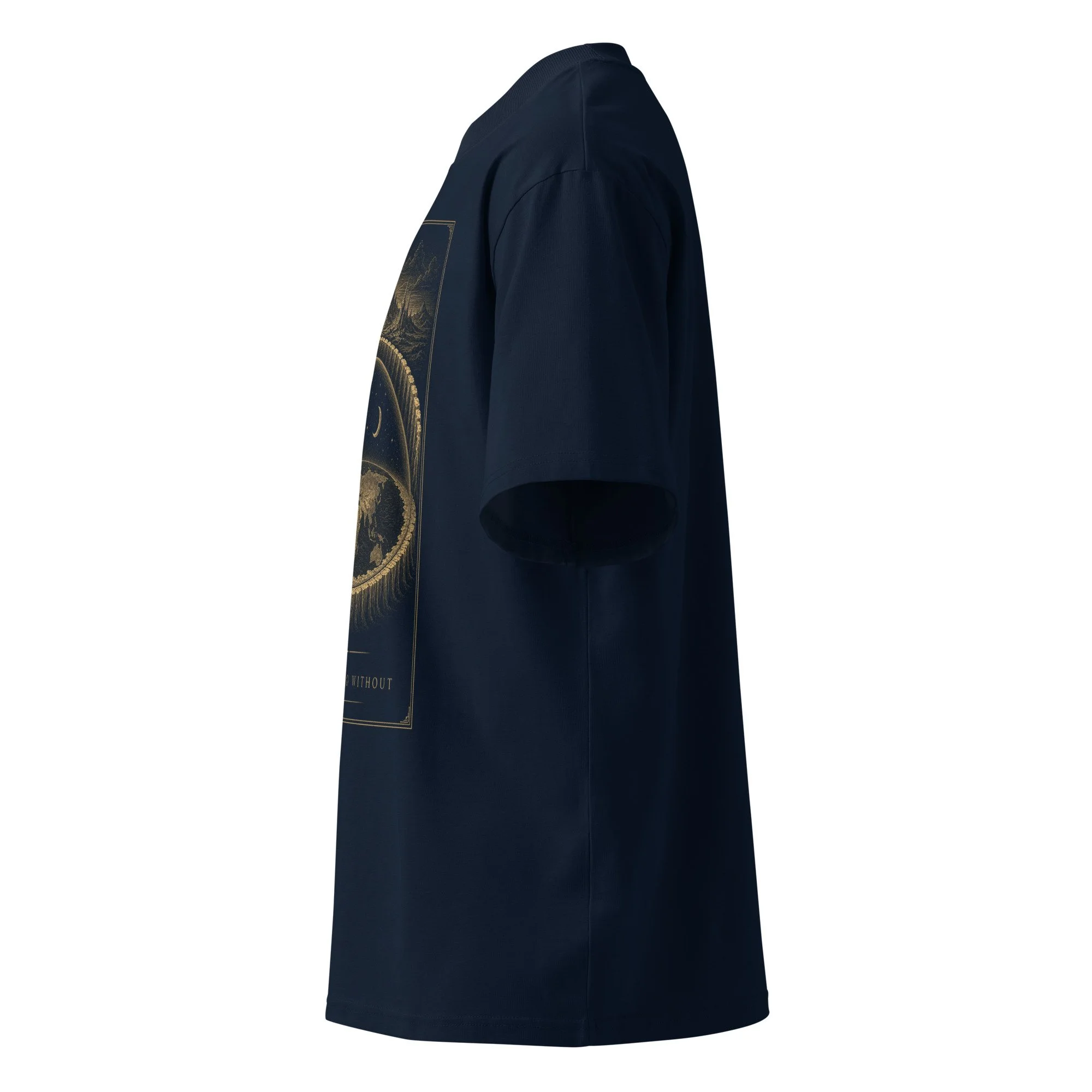 Unisex oversized tee worn oversized, firmament cosmology design visible across chest — hidden history — Etherfolk