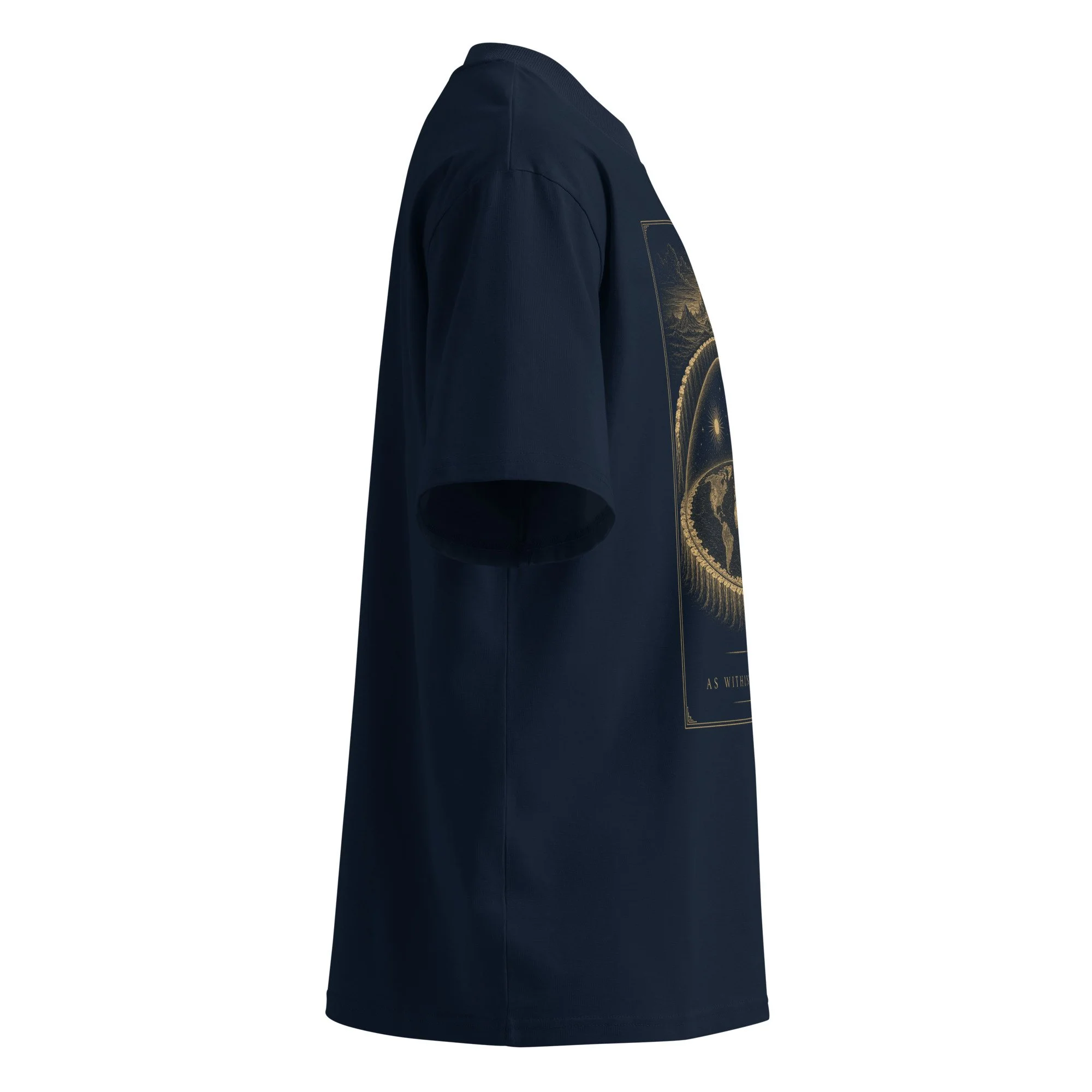 Unisex Oversized Tee — side angle view showcasing relaxed fit with enclosed world design — firmament cosmology — Etherfolk