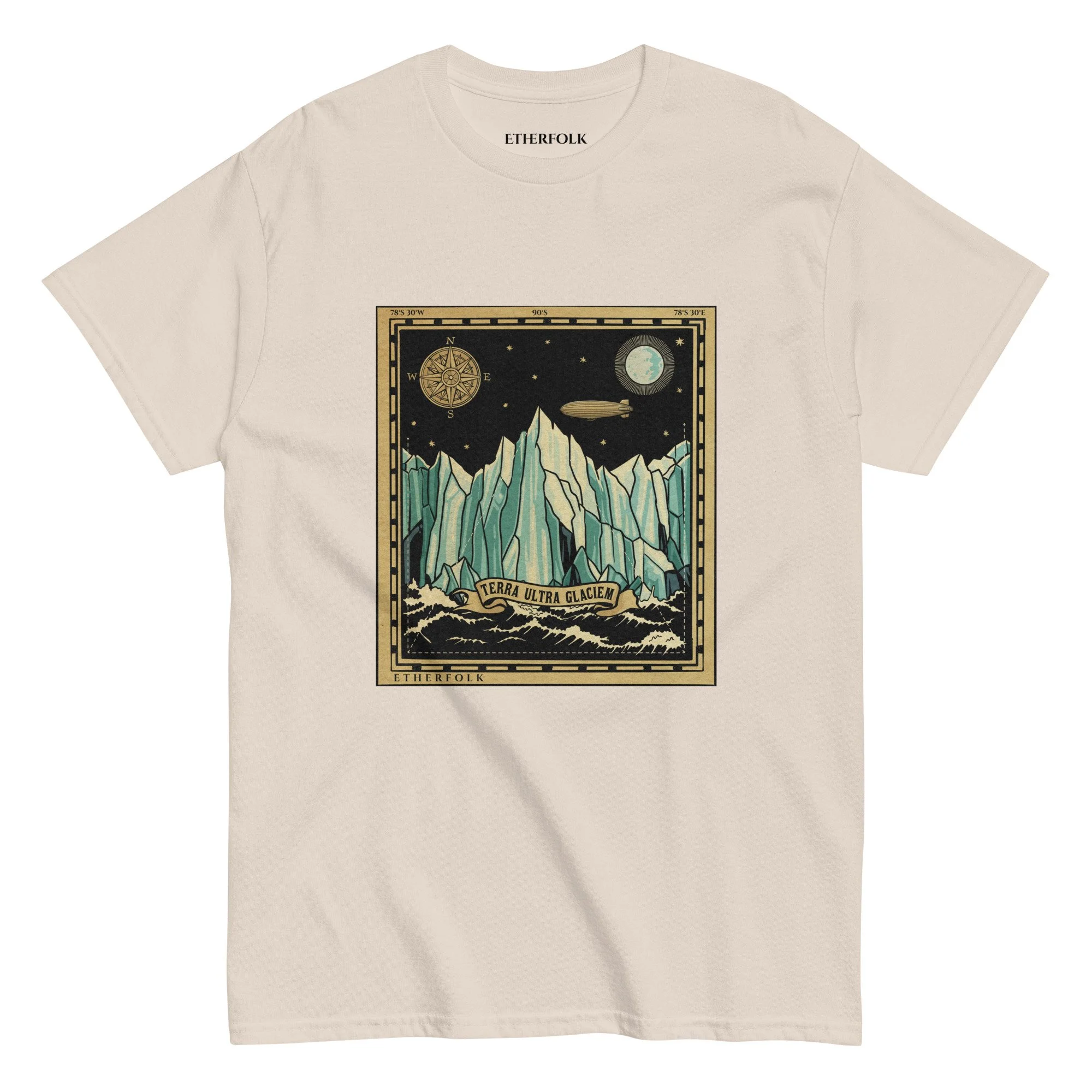 Unisex Classic Tee — close-up of soft cotton fabric weave and taped neckline detail — flat earth, alternative history — Ether