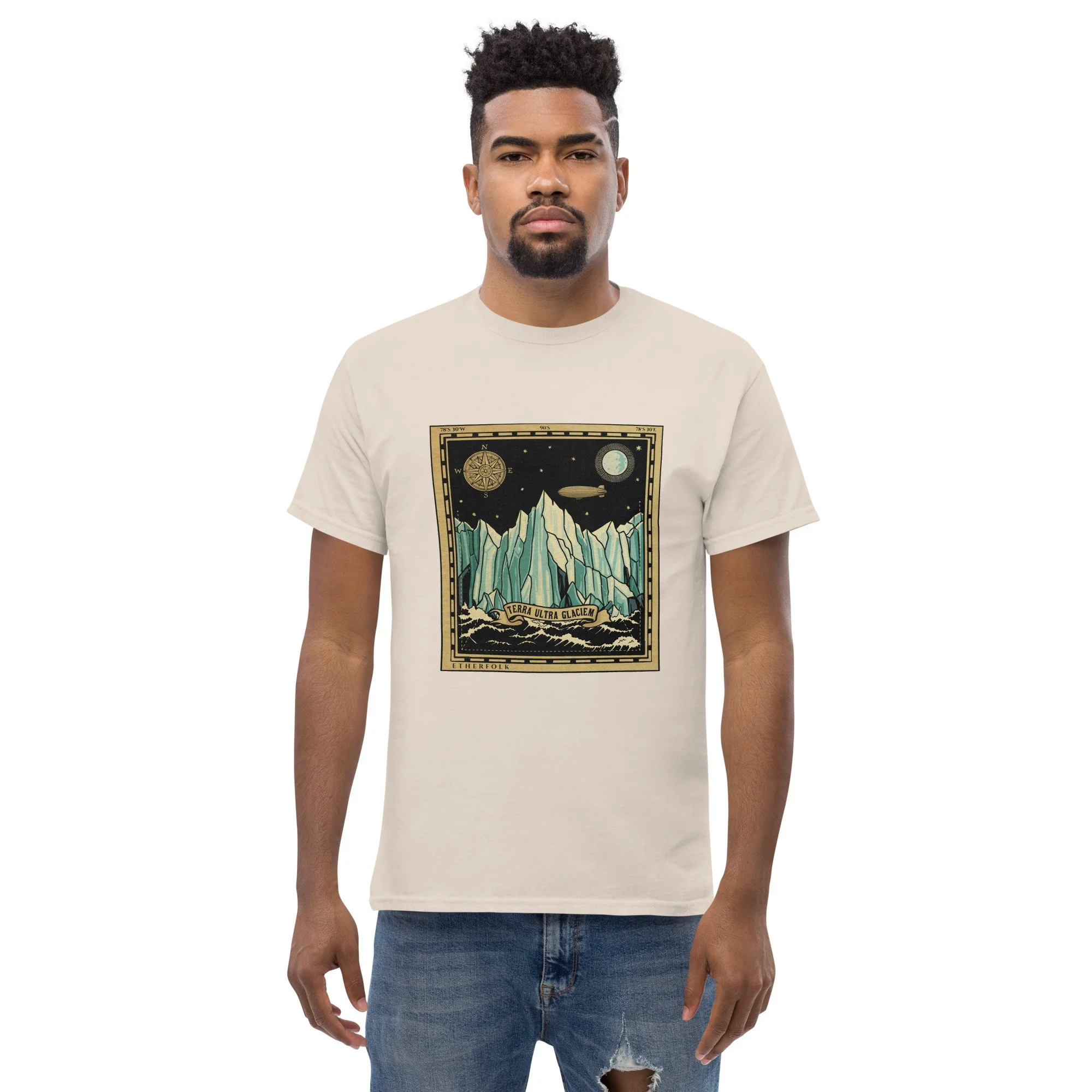 Unisex Classic Tee — Model wearing ice wall expedition design in casual streetwear styling — Flat earth, alternative history