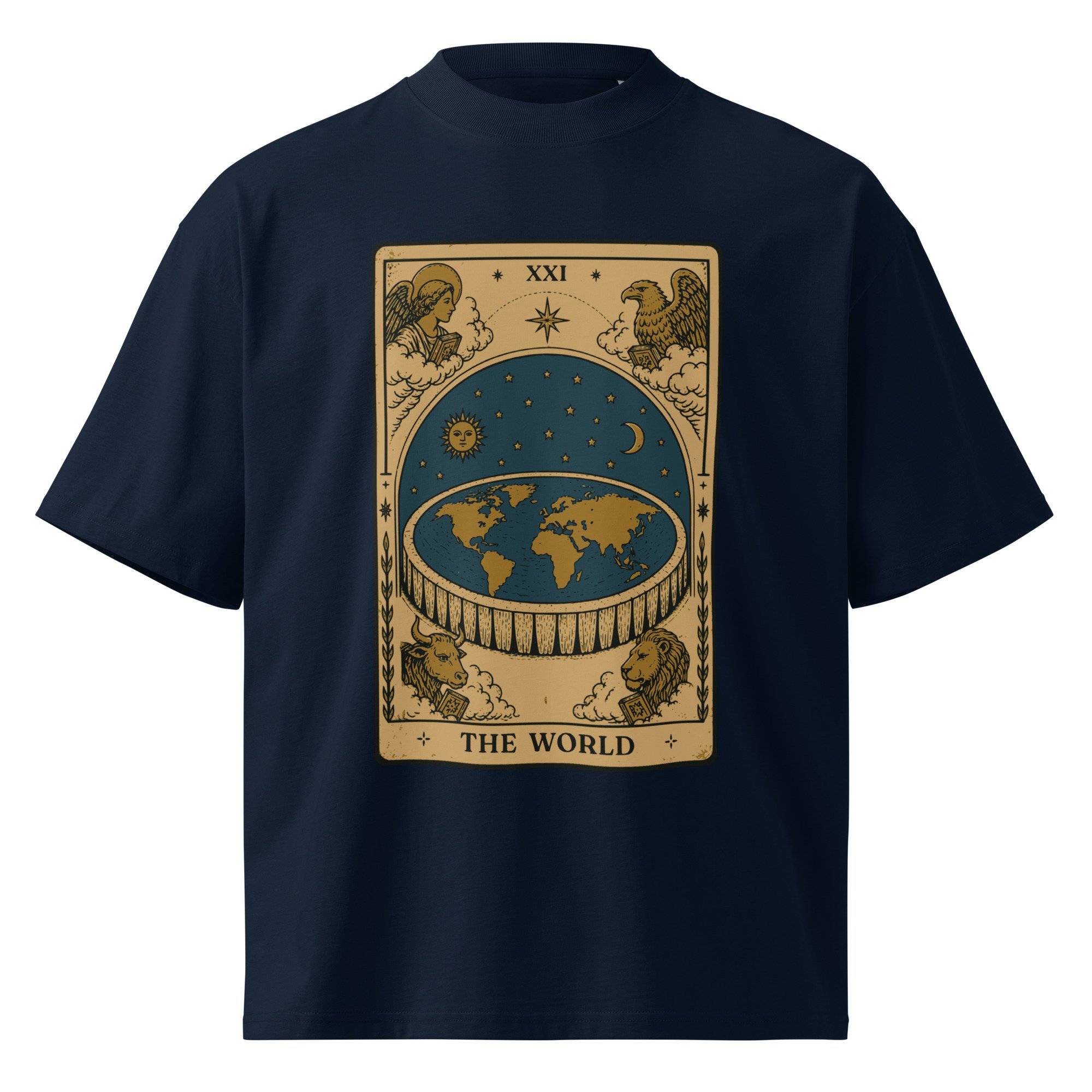 Unisex Organic Oversized T-Shirt — flat earth cosmological diagram with firmament dome and ice boundary in vintage engraving