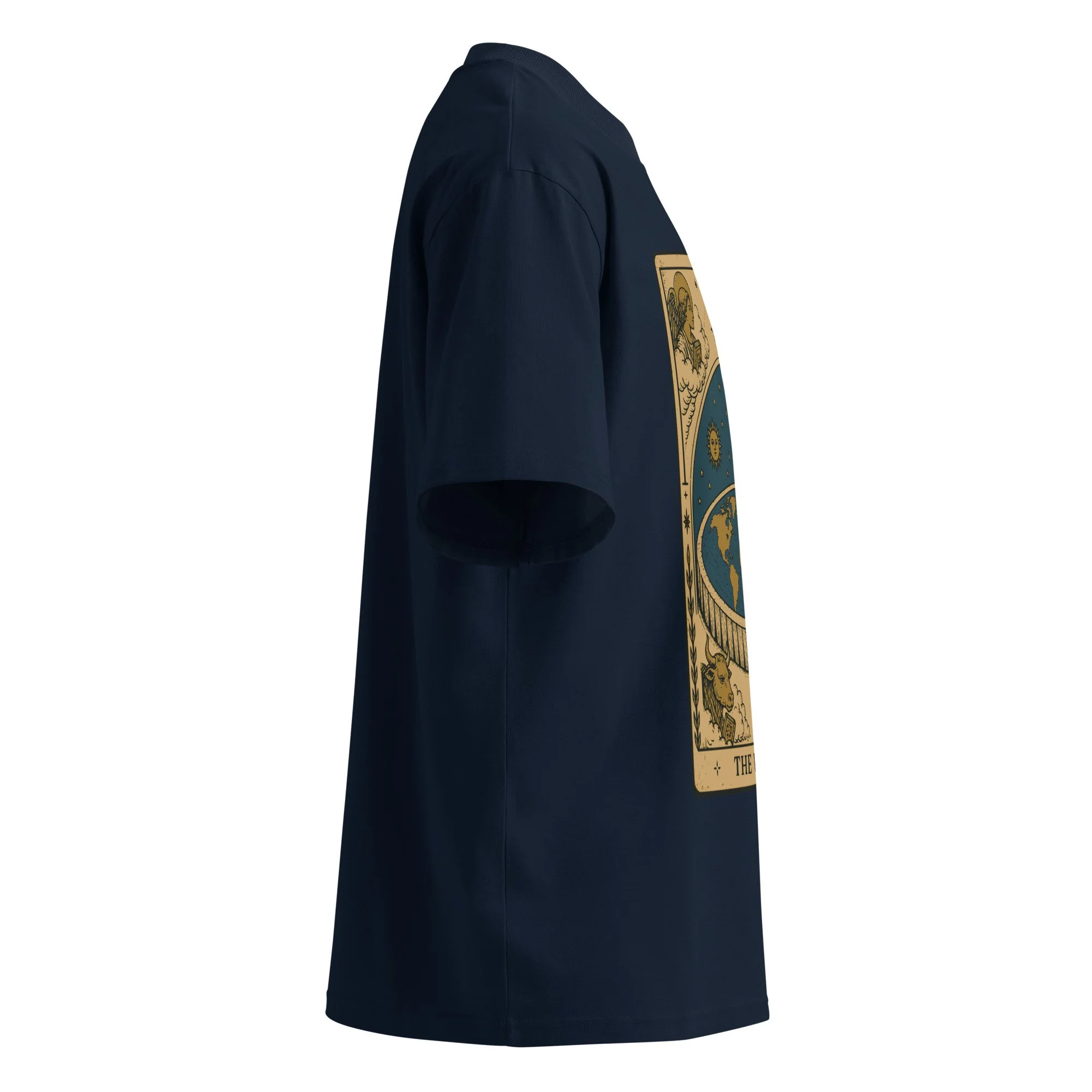 Unisex Organic Oversized T-Shirt — side angle view showcasing tarot cosmology design with firmament dome — alternative histor