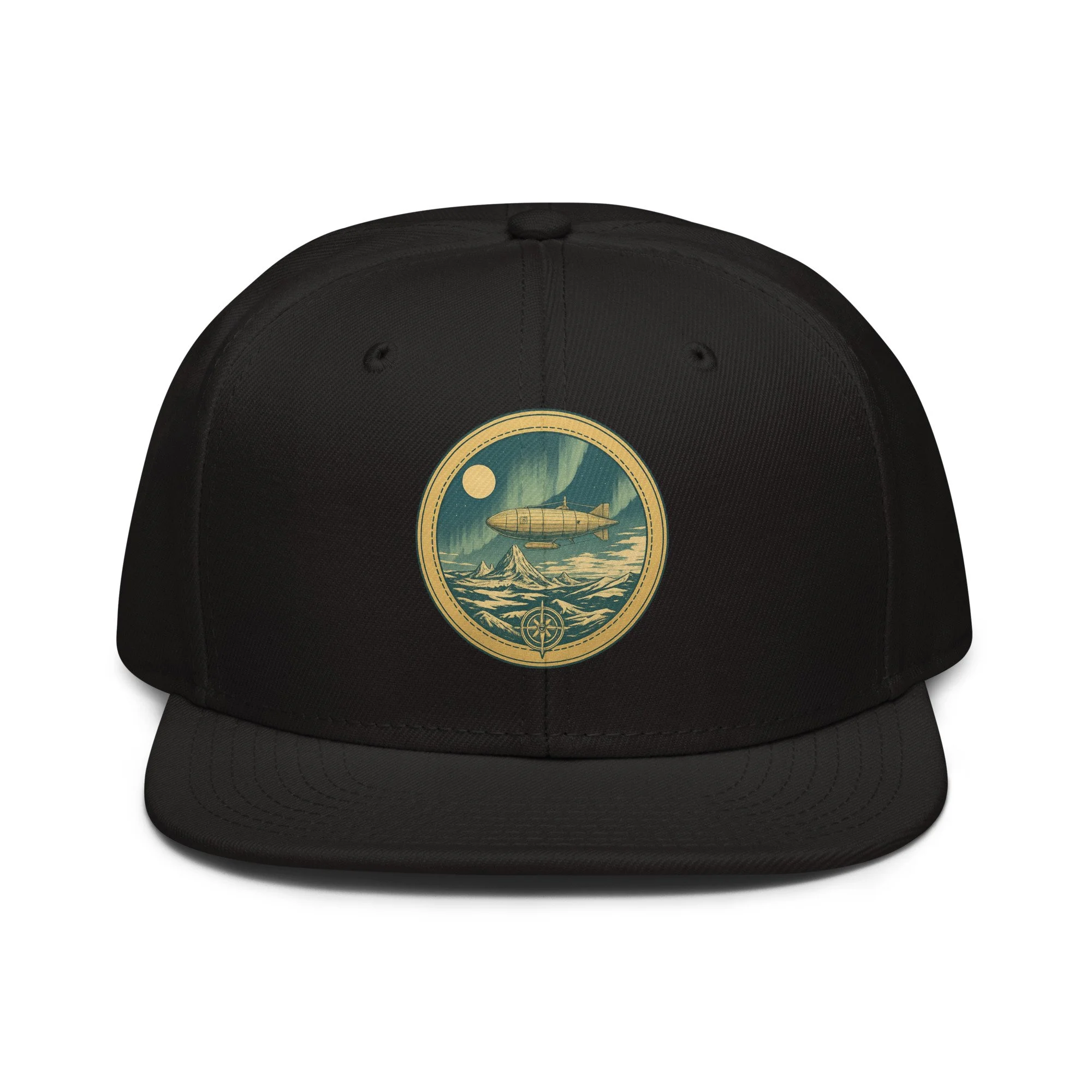 Explorer patch hat featuring vintage airship over snowy peaks and aurora — flat earth adventure — Etherfolk