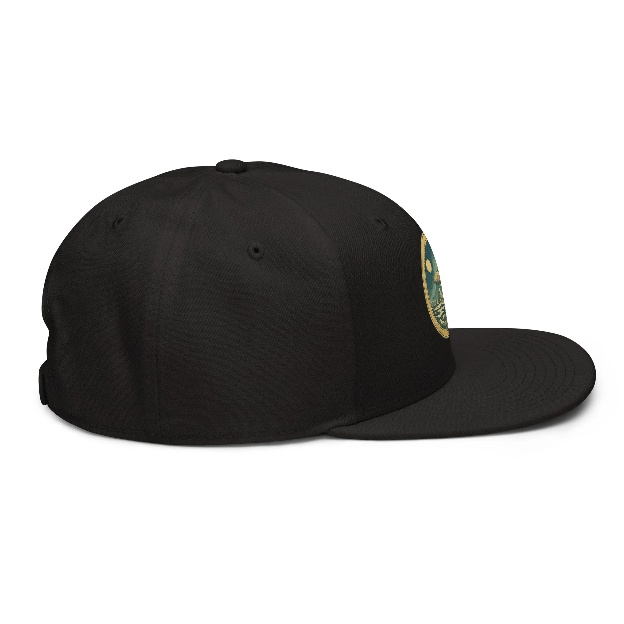 Explorer patch hat worn by adventurer against snowy peaks and aurora—flat earth mythology—Etherfolk