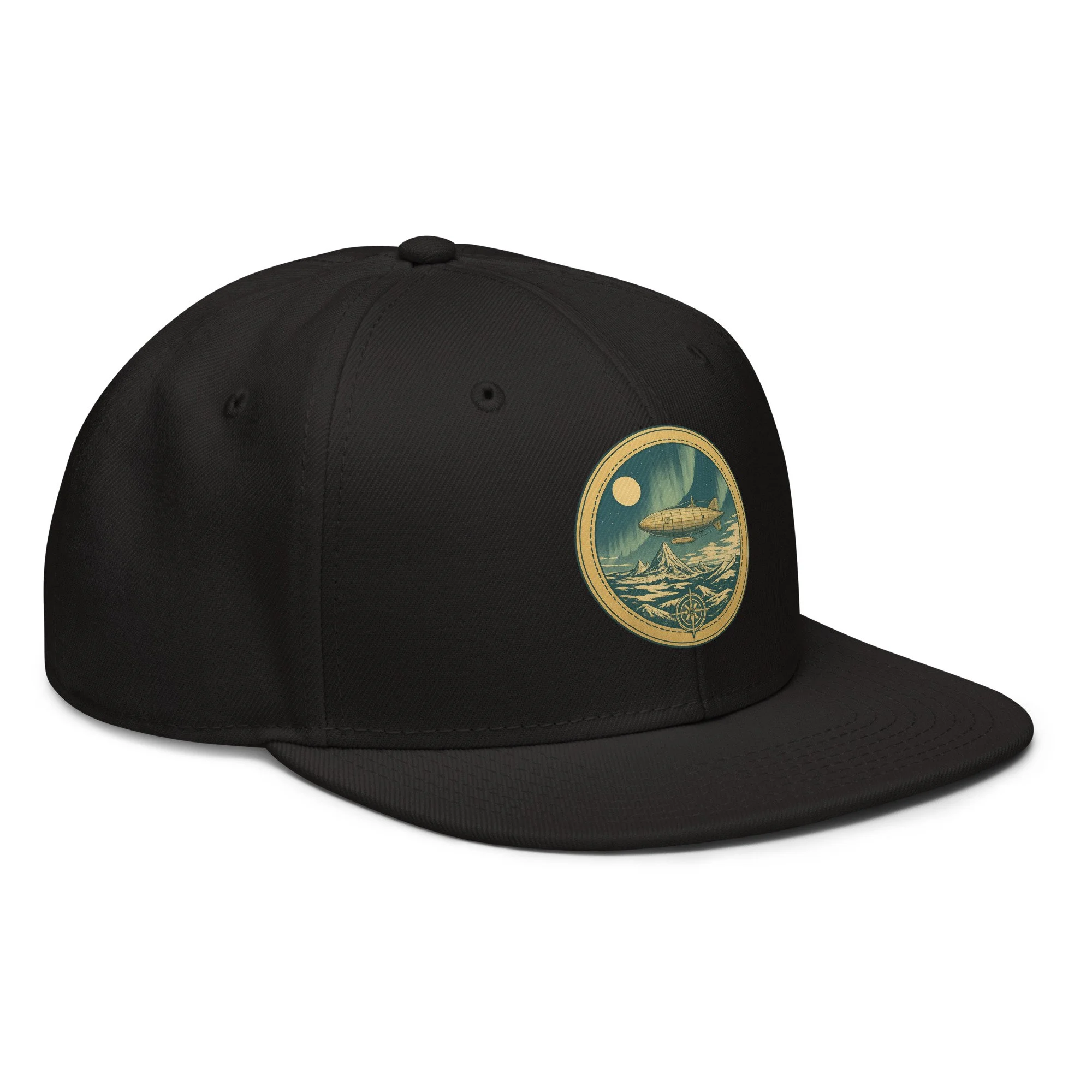 Hat — vintage airship explorer patch visible from alternate angle with aurora and ice wall motif — hidden history — Etherfolk