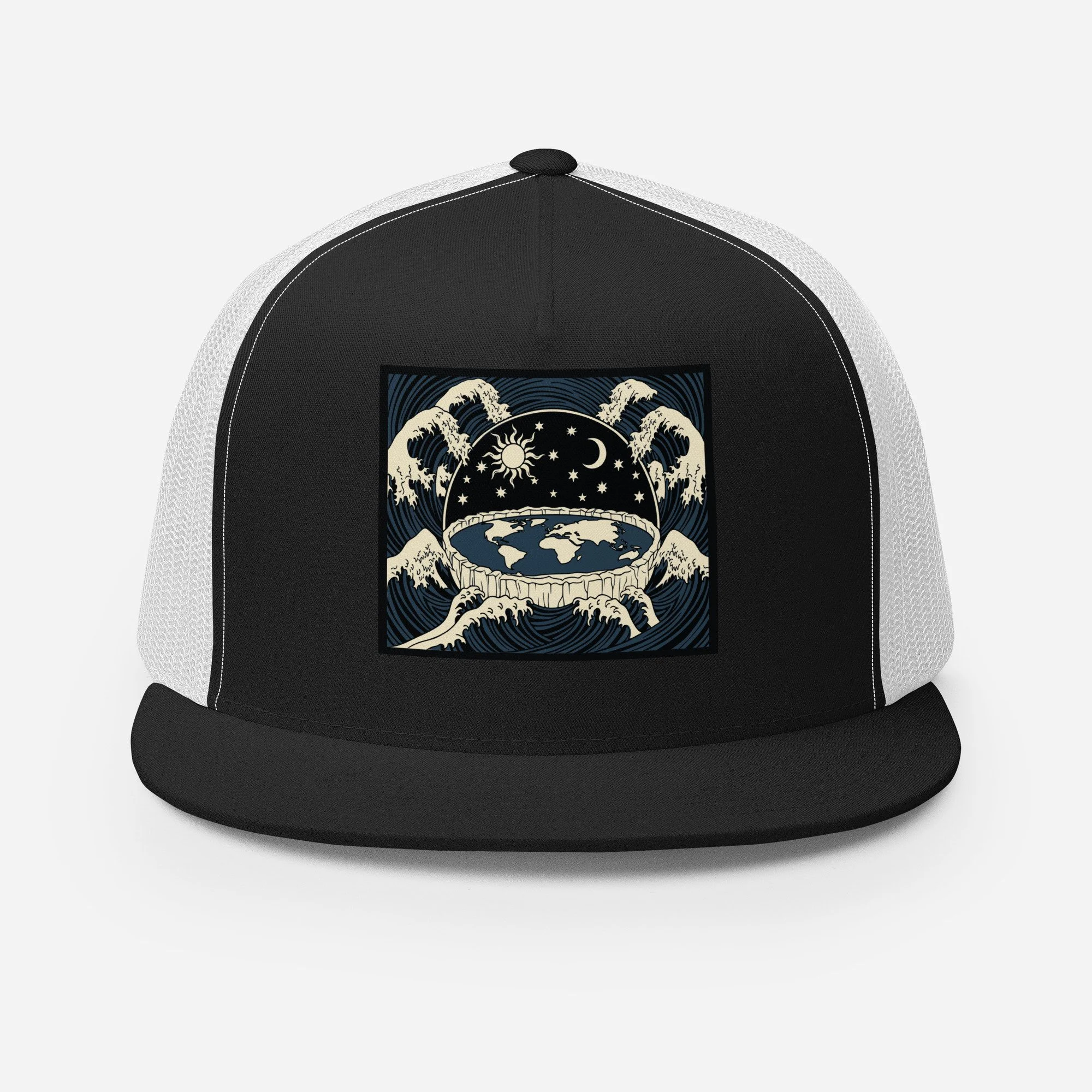 Hat — Snapback trucker cap featuring vintage-style graphic of dome, waters, and celestial bodies in mirrored cosmology design