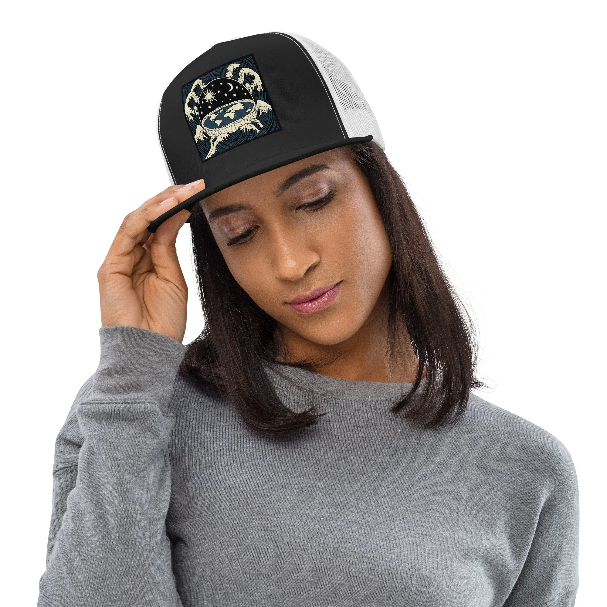 Snapback trucker cap — side angle view showcasing dome and celestial wave graphics — firmament cosmology — Etherfolk