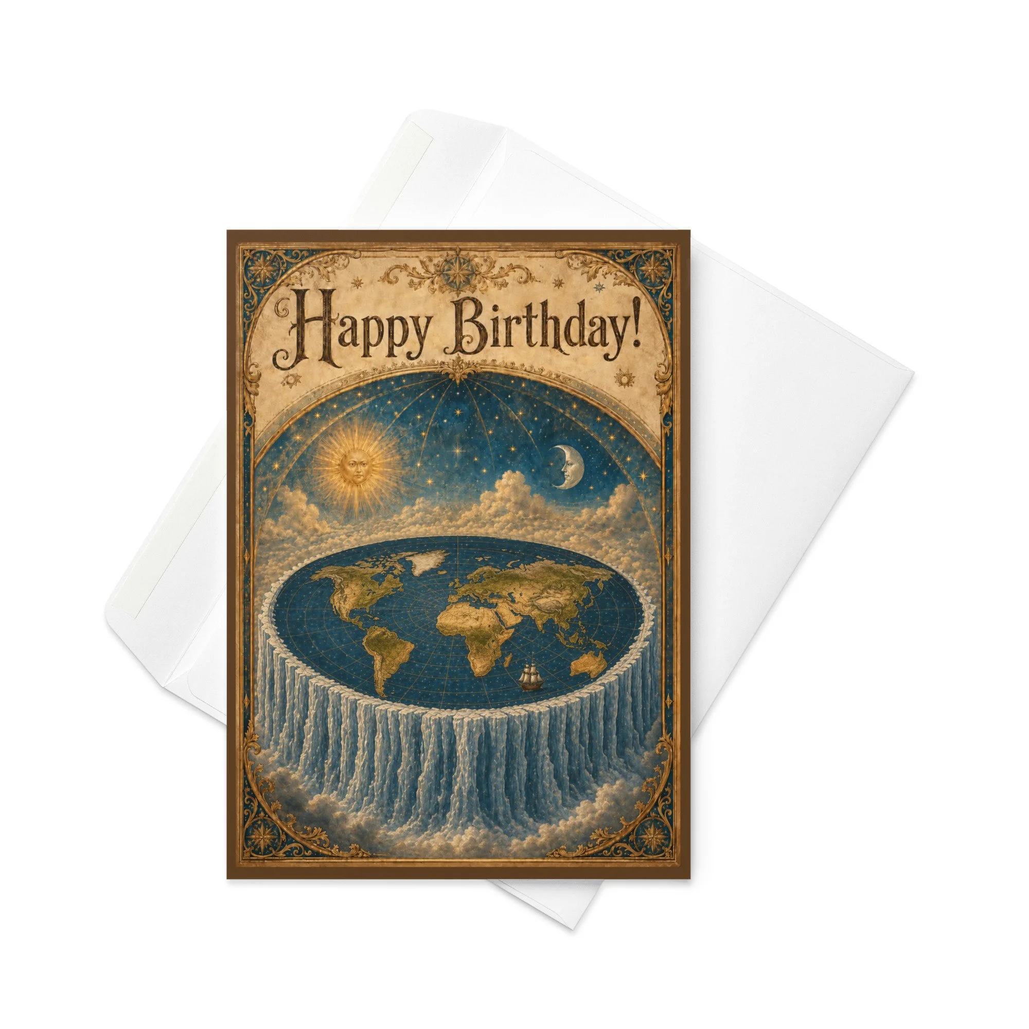 Greeting card with vintage celestial map displayed on wooden surface — flat earth, alternative history — Etherfolk