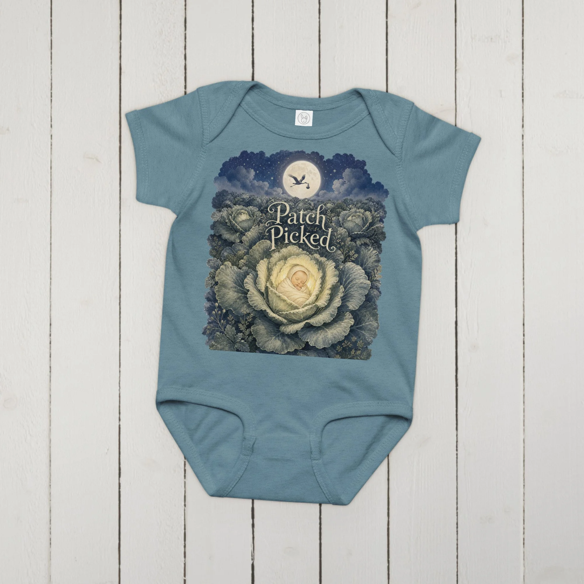 Baby bodysuit — Moonlit cabbage field with swaddled infant and stork in vintage botanical style — hidden history — Etherfolk